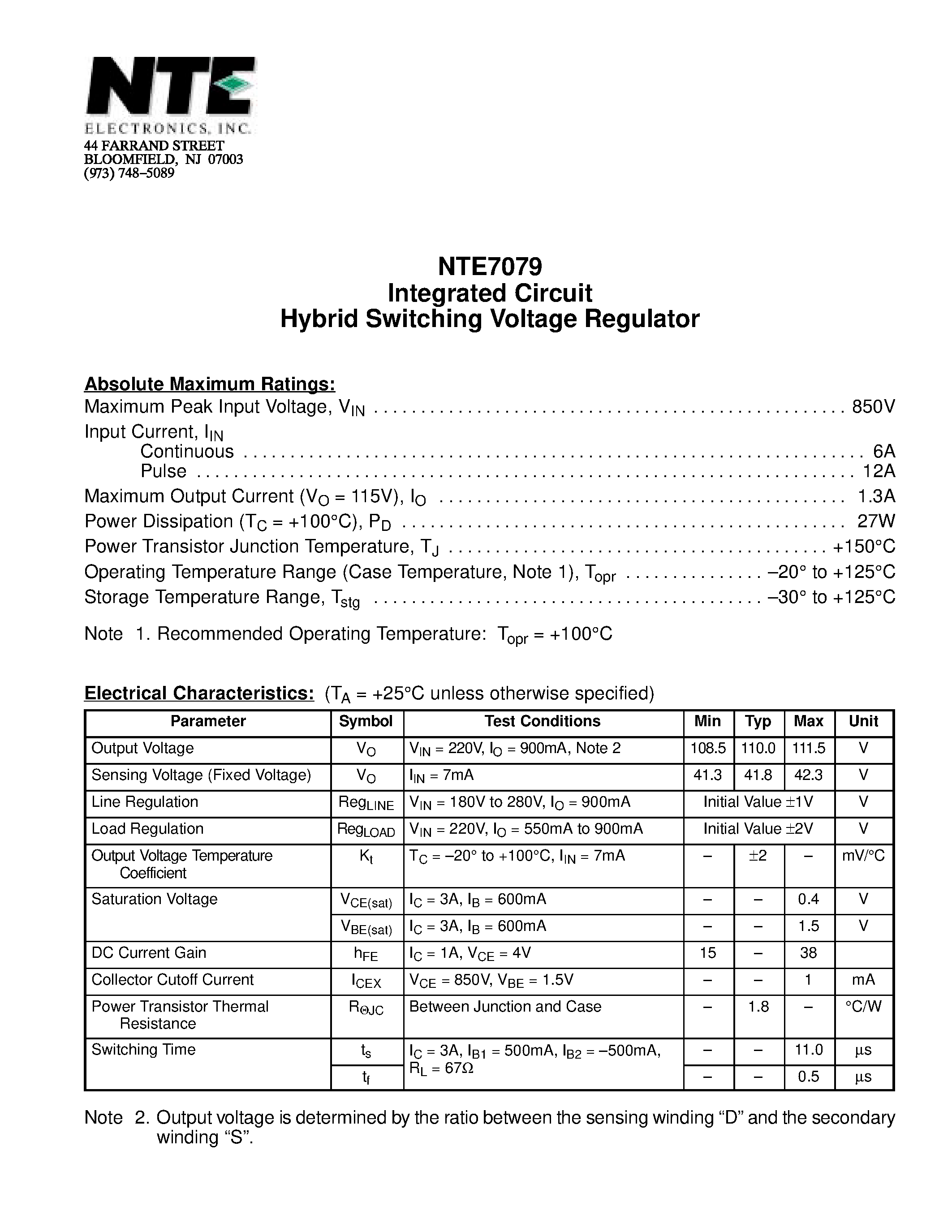Datasheet NTE7079 page 1 Datasheet NTE7079 - Integrated Circuit Hybrid Switching Voltage Regulator page 1