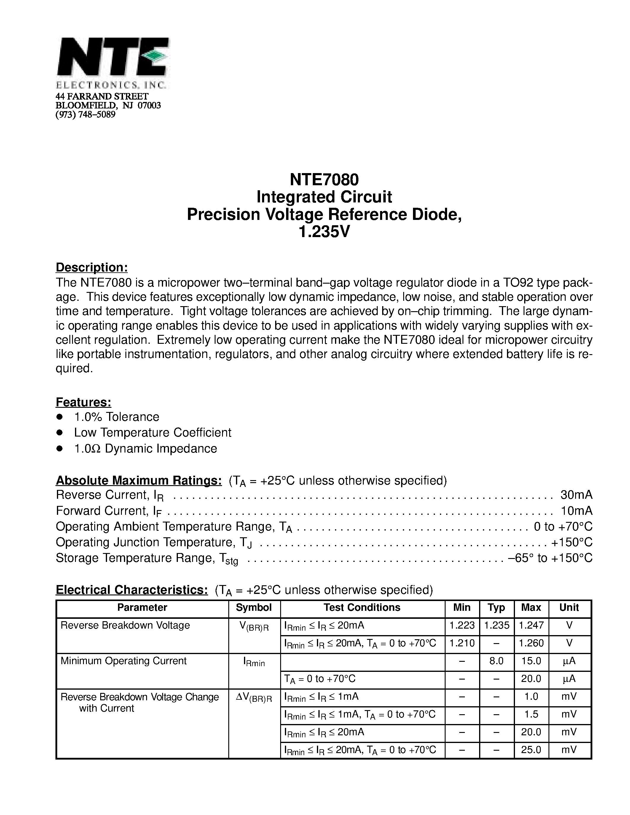 Datasheet NTE7080 - Integrated Circuit Precision Voltage Reference Diode / 1.235V page 1