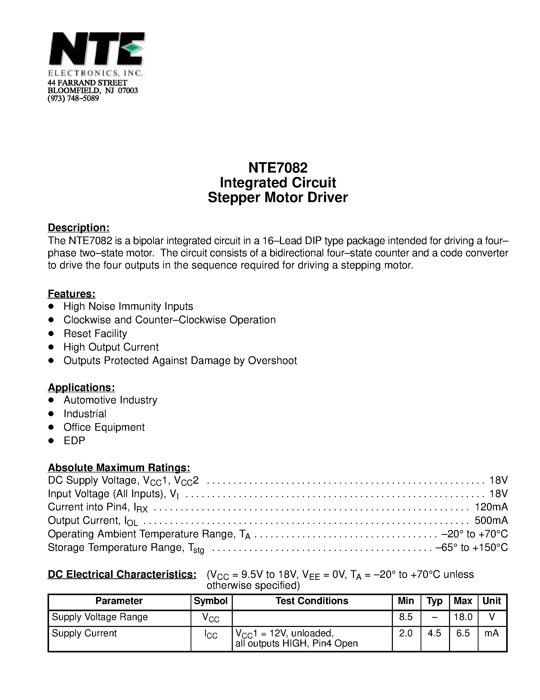 Даташит NTE7082 - Integrated Circuit Stepper Motor Driver страница 1