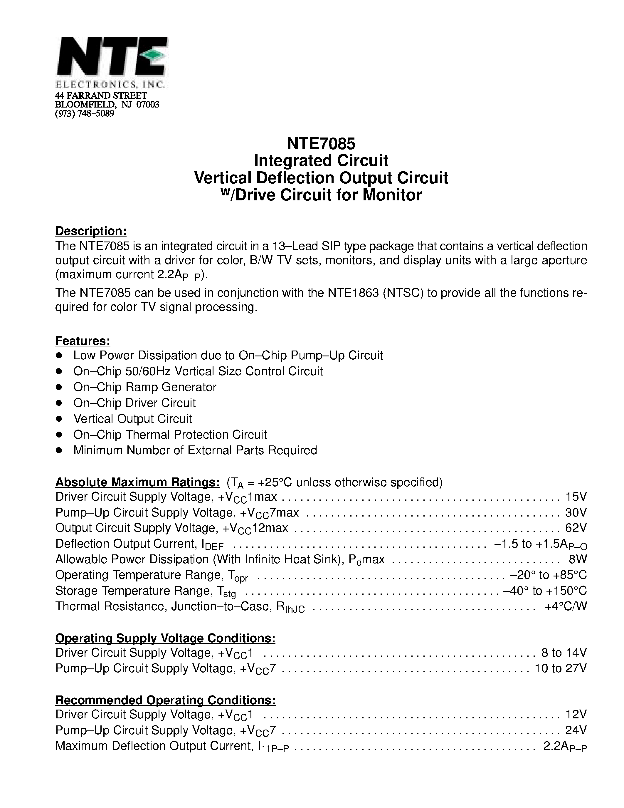 Datasheet NTE7085 - Integrated Circuit Vertical Deflection Output Circuit w/Drive Circuit for Monitor page 1