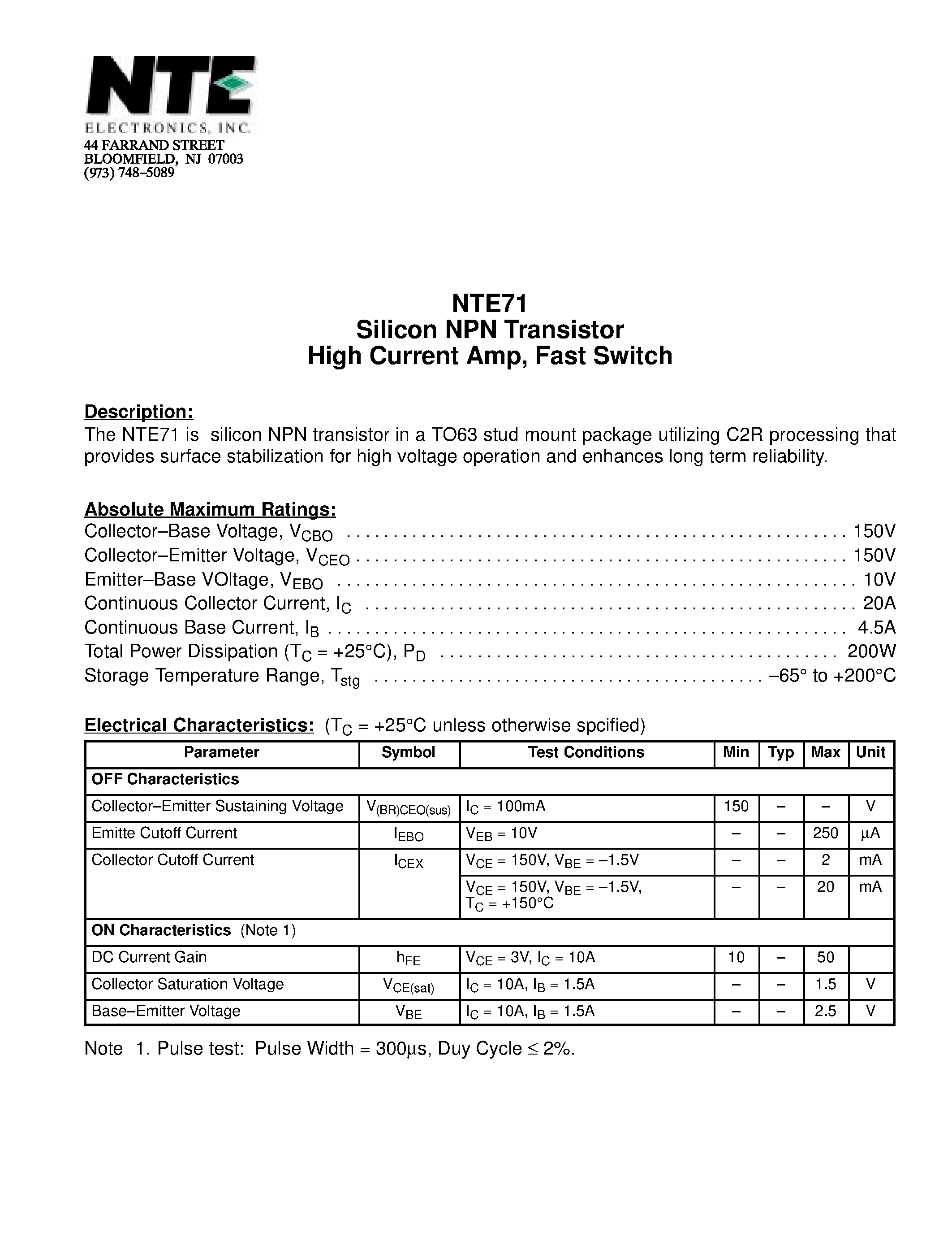 Datasheet NTE71 page 1 Datasheet NTE71 - Silicon NPN Transistor High Current Amp / Fast Switch page 1