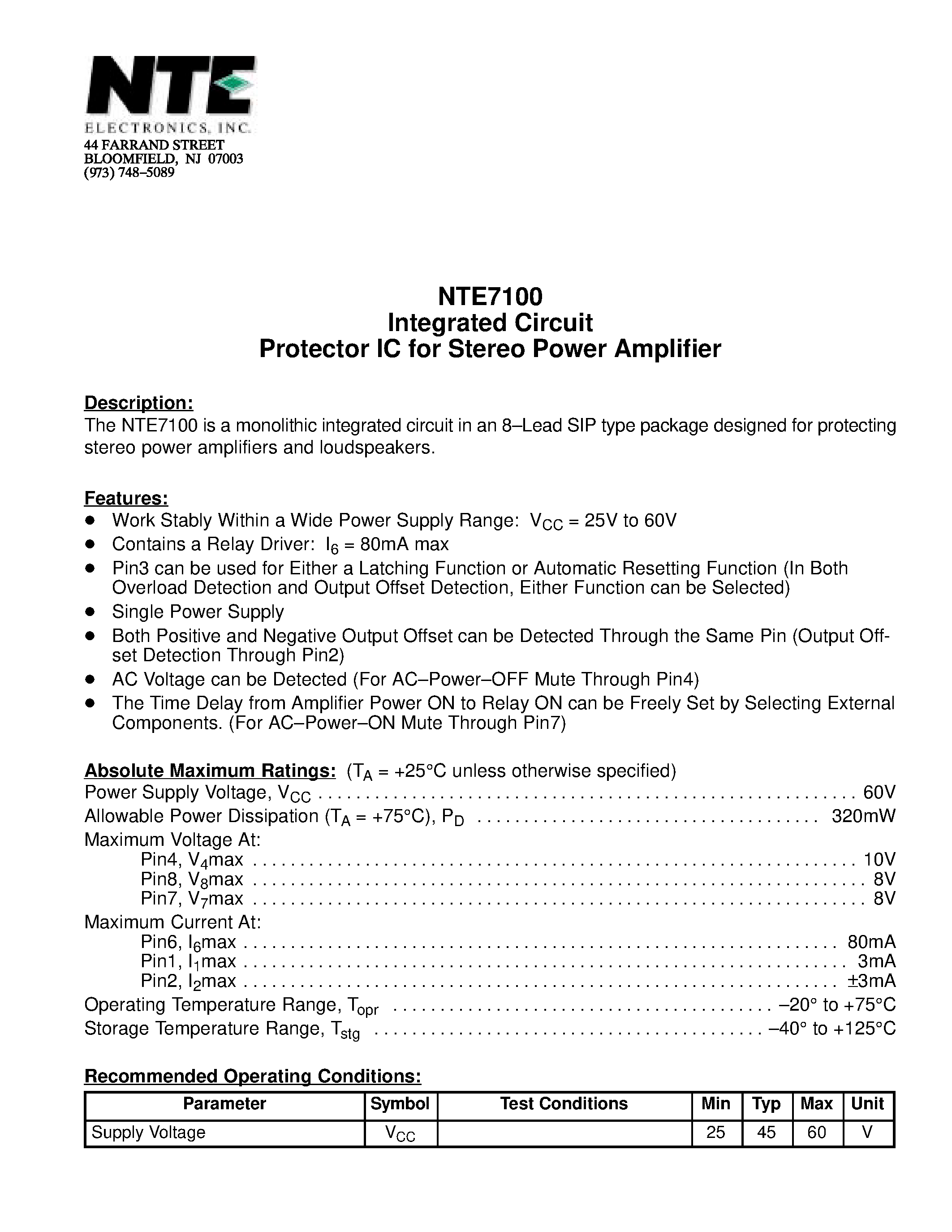Даташит NTE7100 - Integrated Circuit Protector IC for Stereo Power Amplifier страница 1
