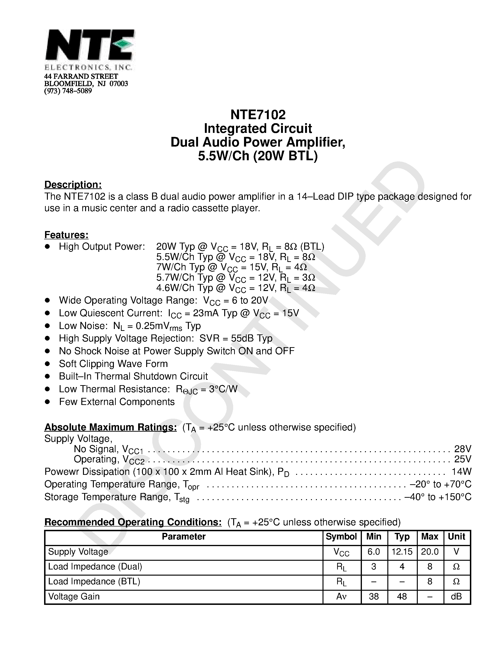 Datasheet NTE7102 - Integrated Circuit Dual Audio Power Amplifier / 5.5W/Ch (20W BTL) page 1