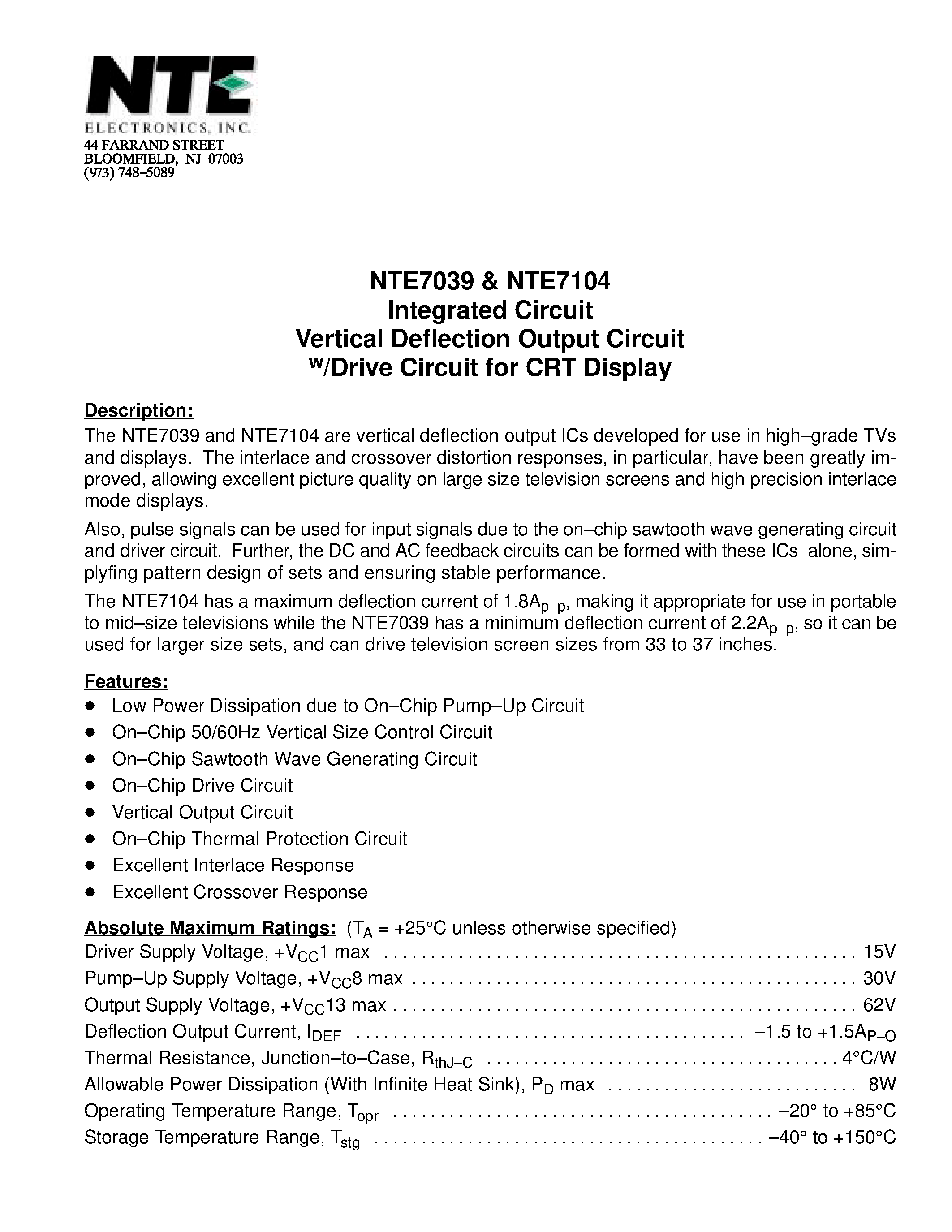 Даташит NTE7104 - Integrated Circuit Vertical Deflection Output Circuit w/Drive Circuit for CRT Display страница 1