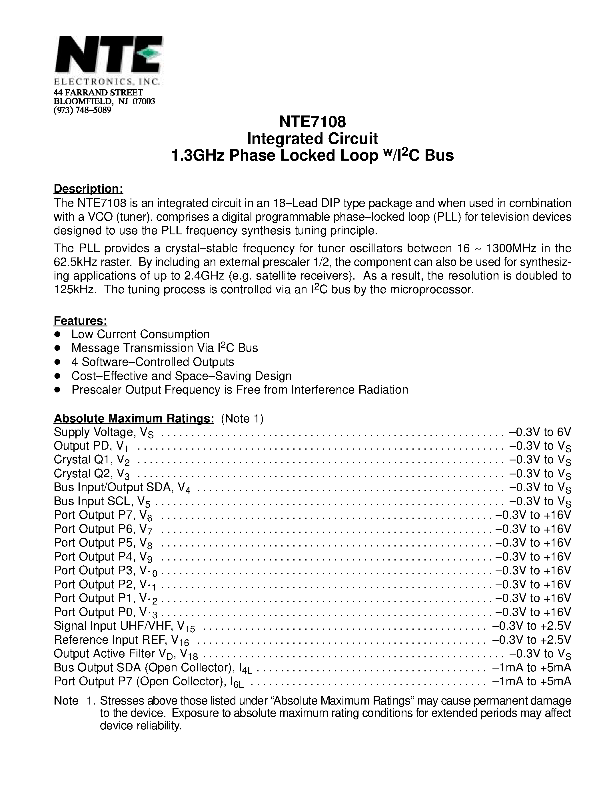 Даташит NTE7108 - Integrated Circuit 1.3GHz Phase Locked Loop w/I2C Bus страница 1