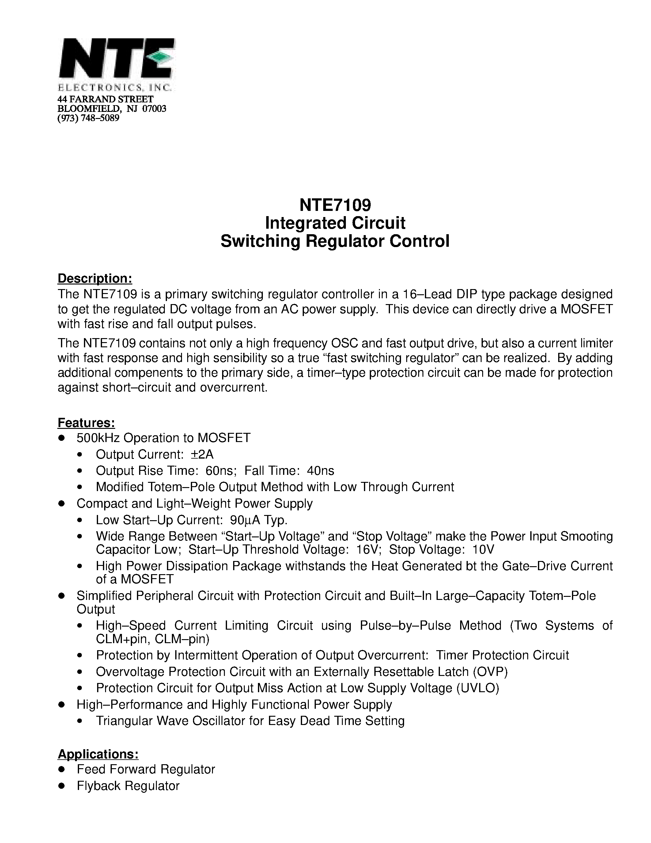 Datasheet NTE7109 - Integrated Circuit Switching Regulator Control page 1