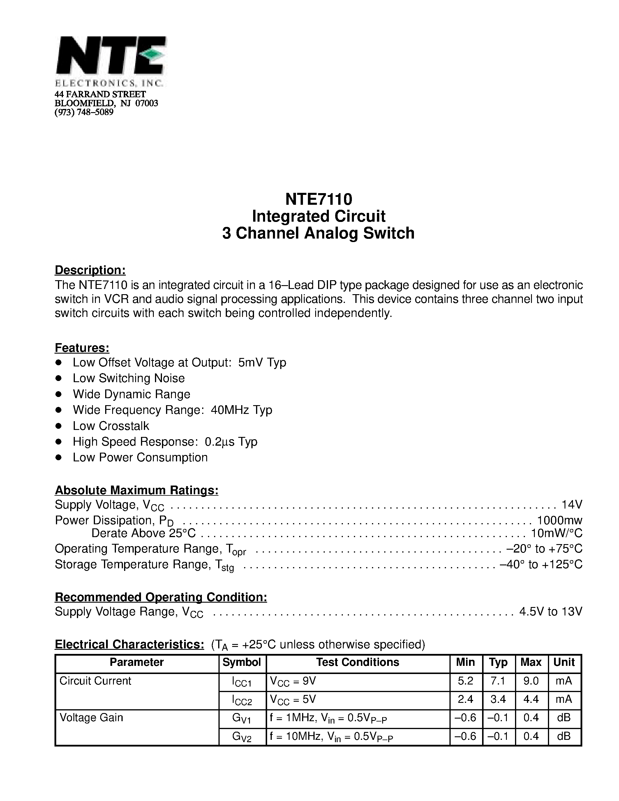 Datasheet NTE7110 page 1 Datasheet NTE7110 - Integrated Circuit 3 Channel Analog Switch page 1