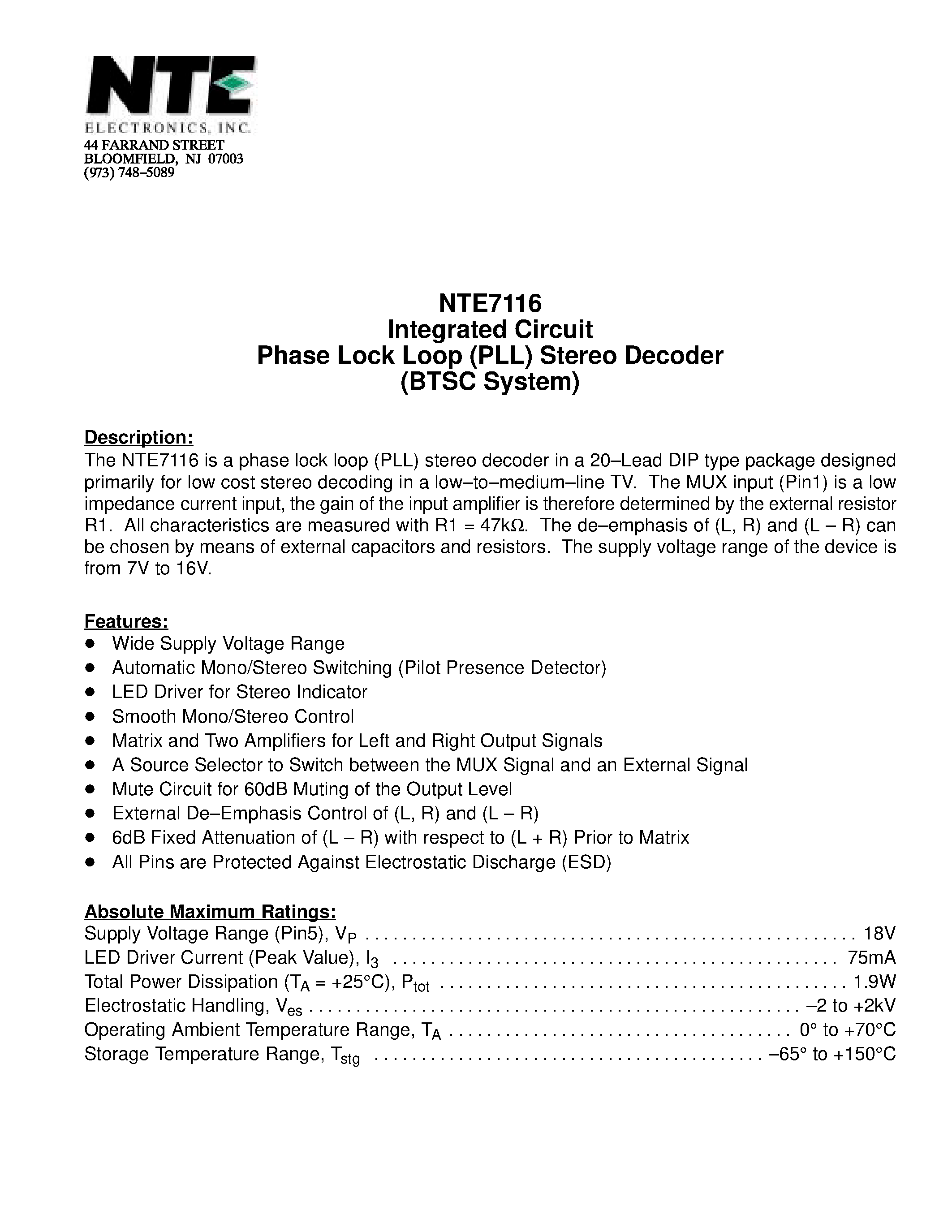 Даташит NTE7116 - Integrated Circuit Phase Lock Loop (PLL) Stereo Decoder (BTSC System) страница 1