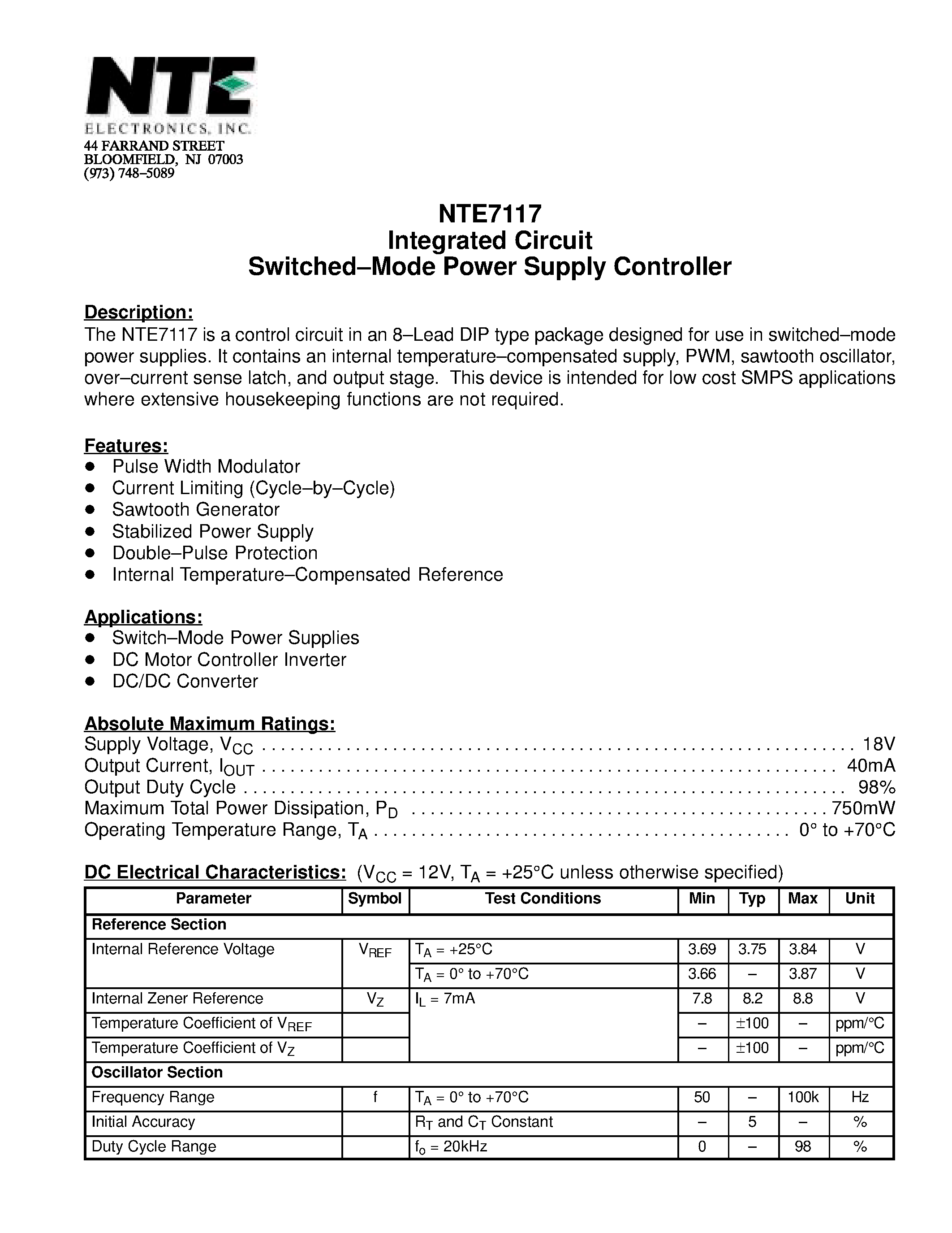 Datasheet NTE7117 page 1 Datasheet NTE7117 - Integrated Circuit Switched-Mode Power Supply Controller page 1