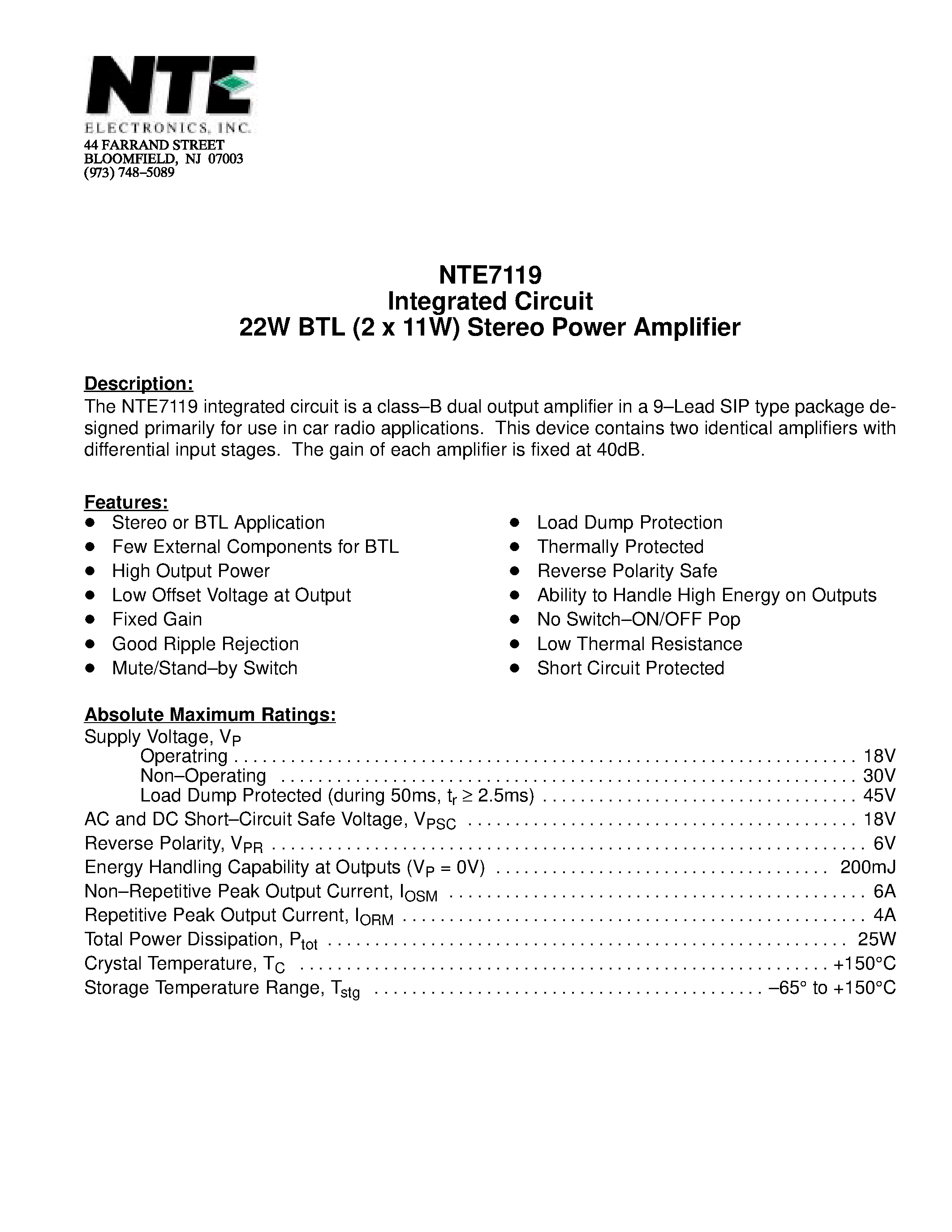 Datasheet NTE7119 - Integrated Circuit 22W BTL (2 x 11W) Stereo Power Amplifier page 1