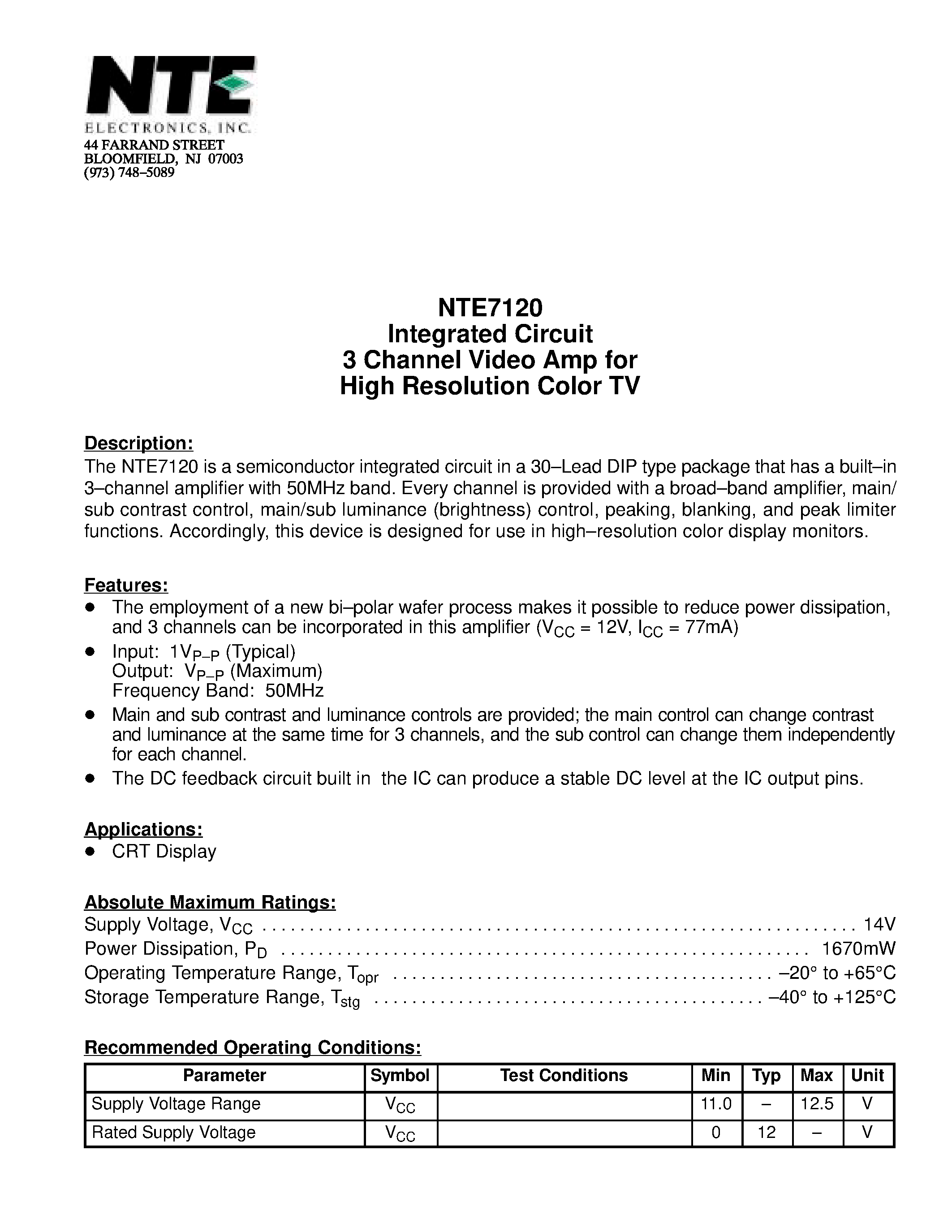 Datasheet NTE7120 - Integrated Circuit 3 Channel Video Amp for High Resolution Color TV page 1