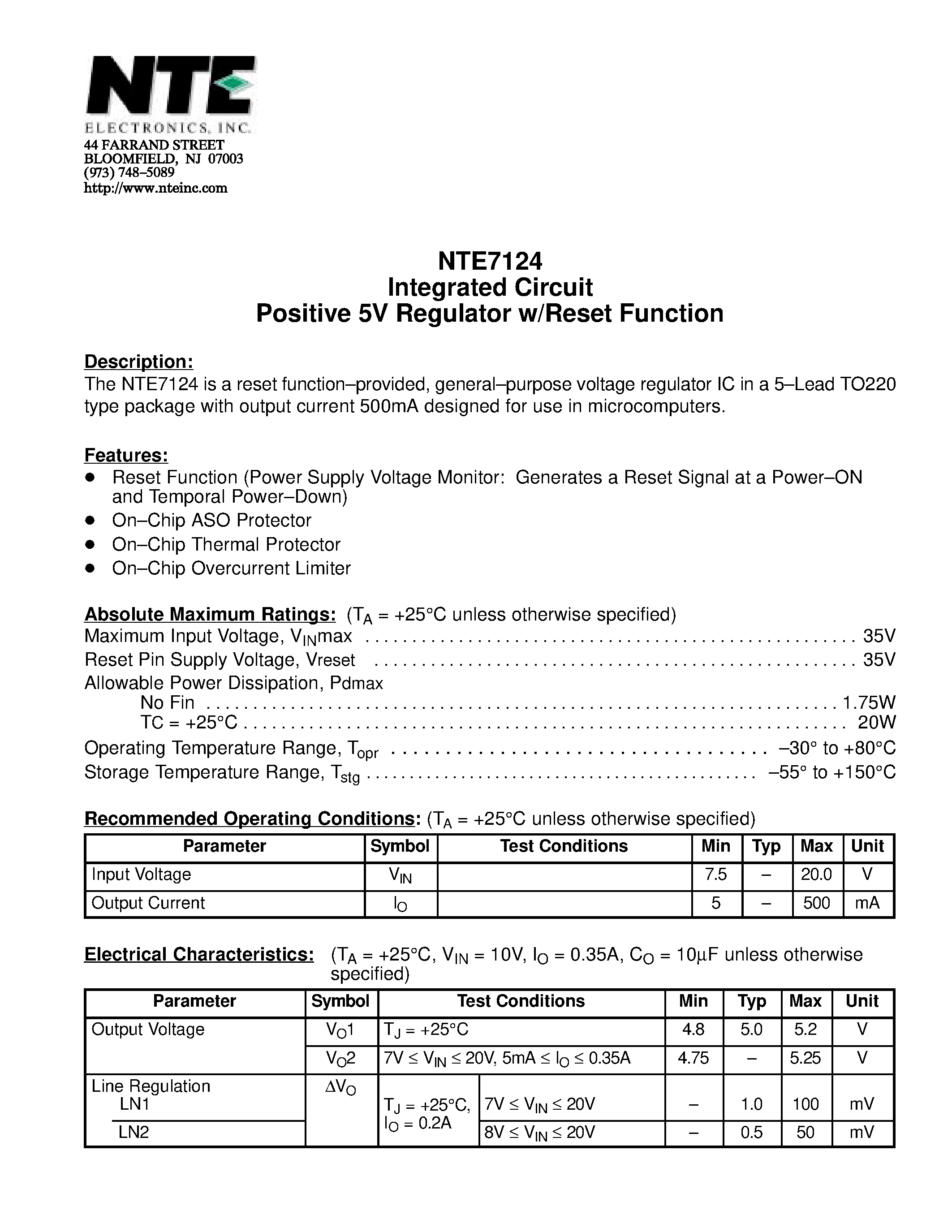 Даташит NTE7124 - Integrated Circuit Positive 5V Regulator w/Reset Function страница 1