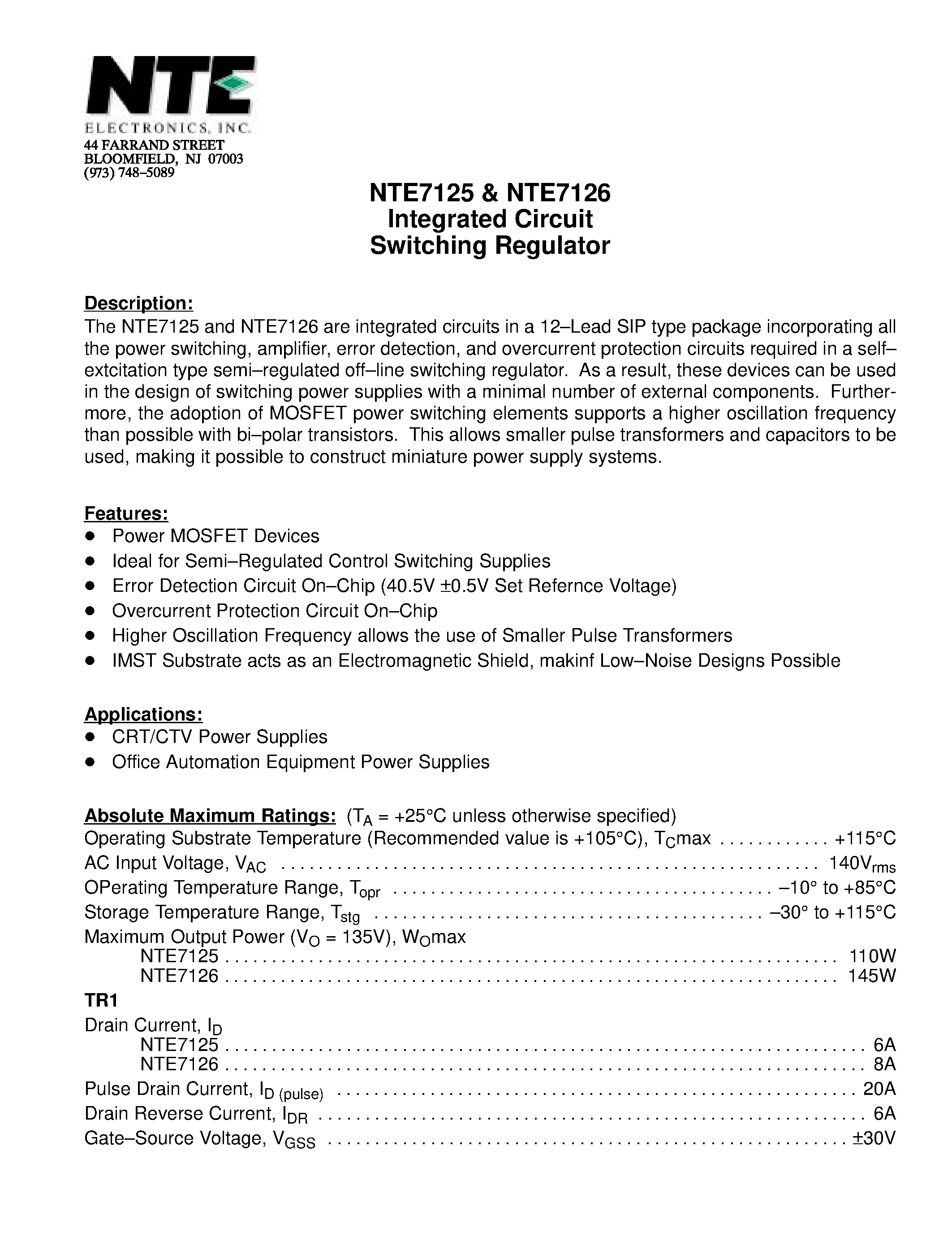 Datasheet NTE7126 - Integrated Circuit Switching Regulator page 1