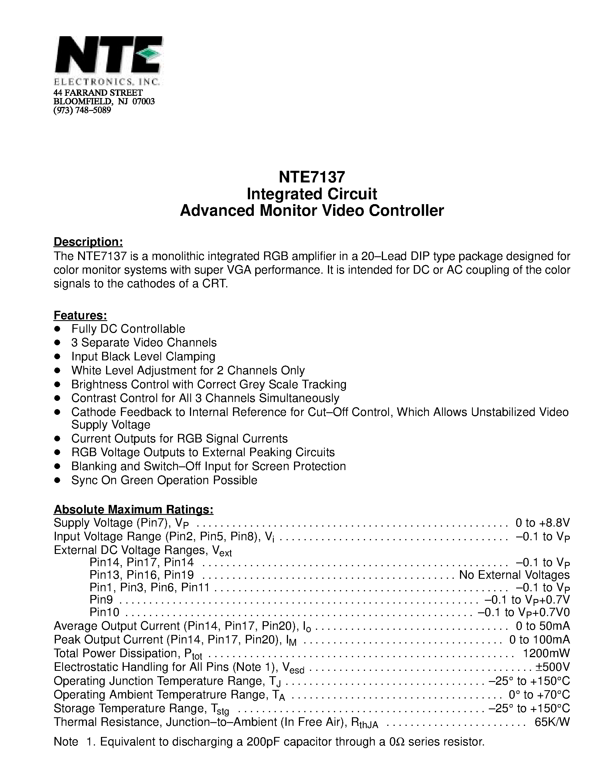 Datasheet NTE7137 - Integrated Circuit Advanced Monitor Video Controller page 1