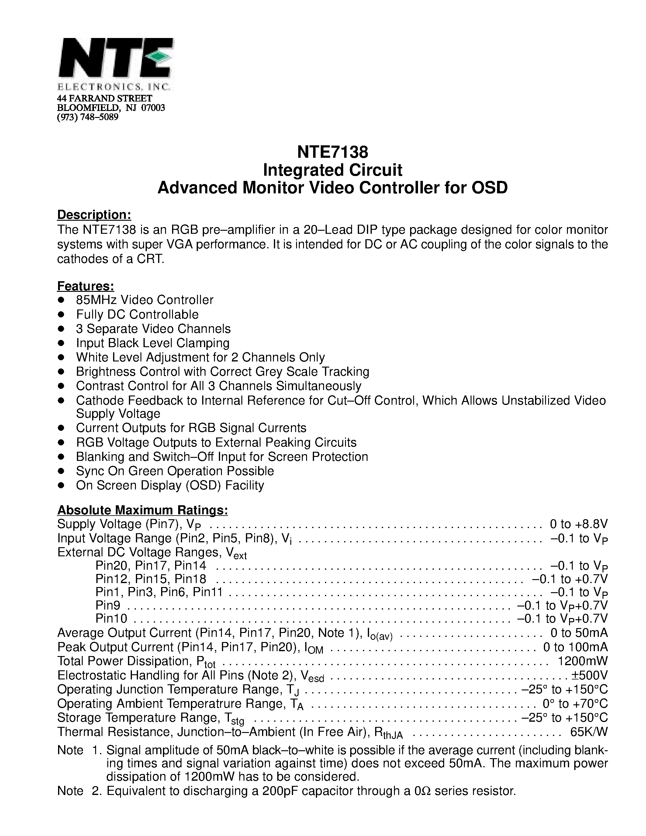 Datasheet NTE7138 - Integrated Circuit Advanced Monitor Video Controller for OSD page 1