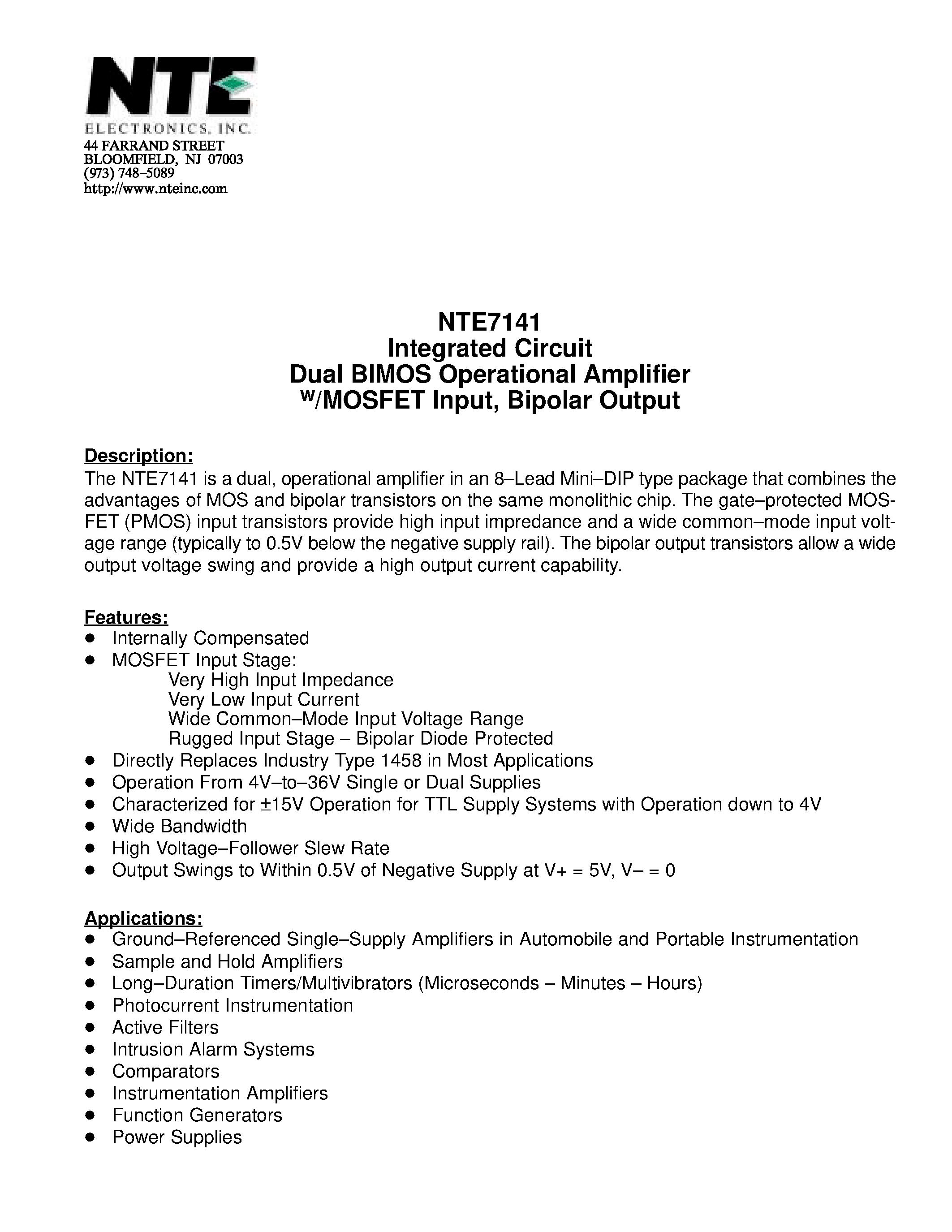 Даташит NTE7141 - Integrated Circuit Dual BIMOS Operational Amplifier w/MOSFET Input / Bipolar Output страница 1