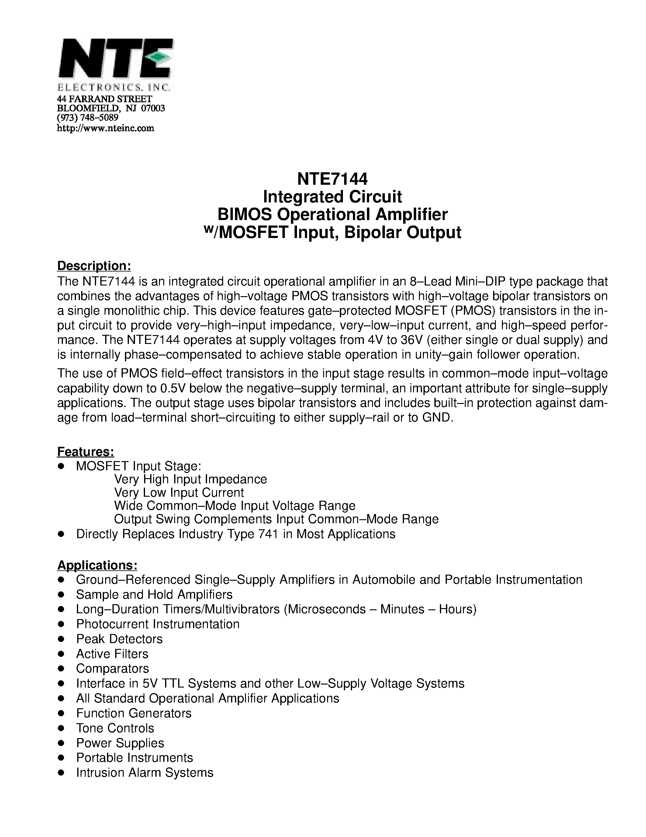 Даташит NTE7144 - Integrated Circuit BIMOS Operational Amplifier w/MOSFET Input / Bipolar Output страница 1