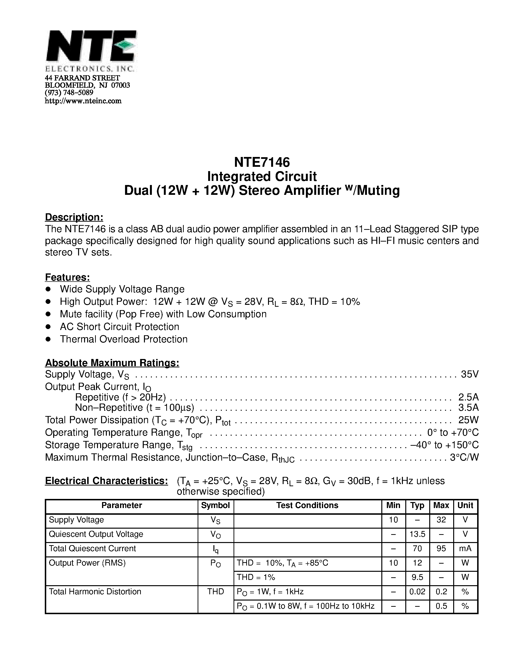 Даташит NTE7146 - Integrated Circuit Dual (12W + 12W) Stereo Amplifier w/Muting страница 1