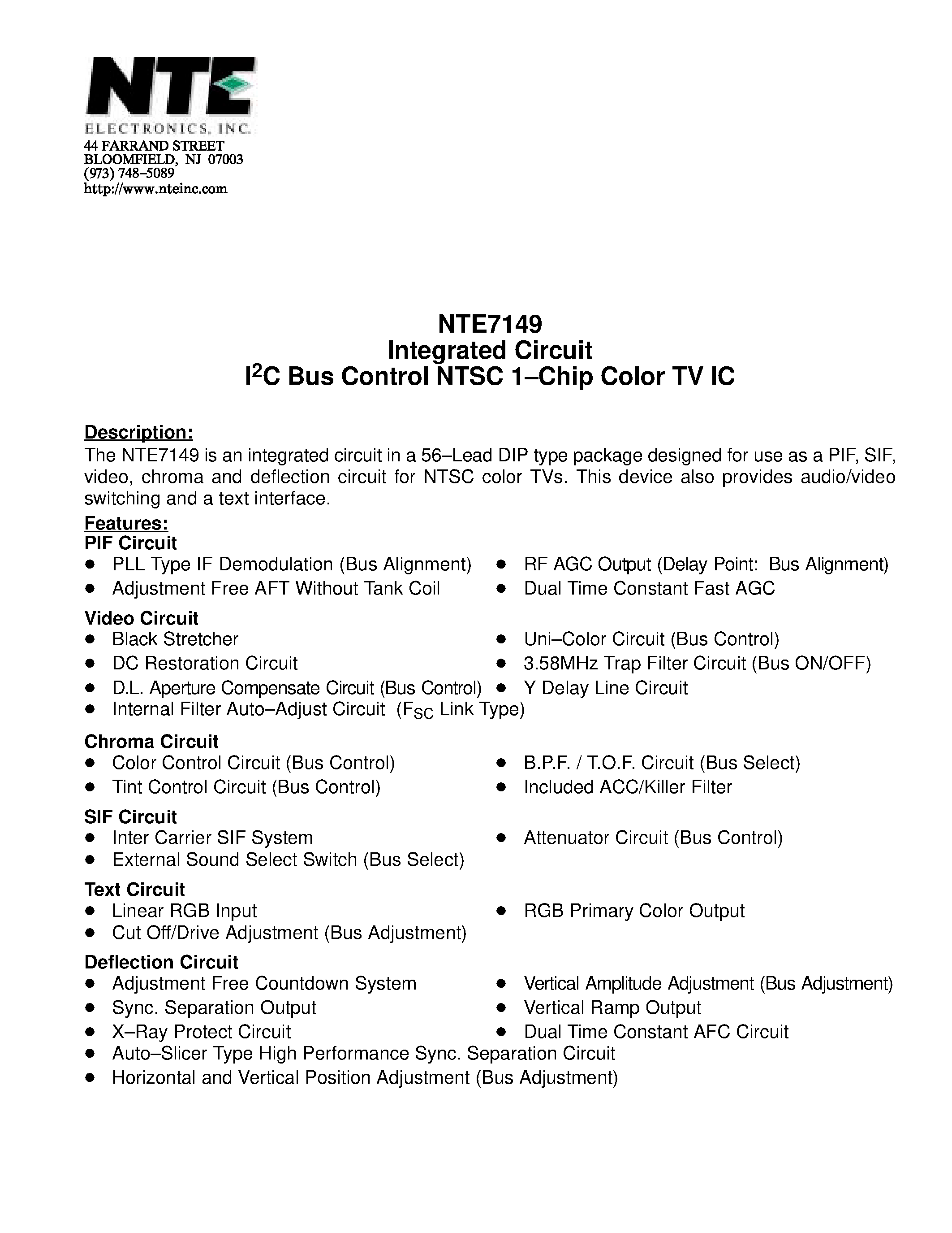 Datasheet NTE7149 - Integrated Circuit I2C Bus Control NTSC 1-Chip Color TV IC page 1