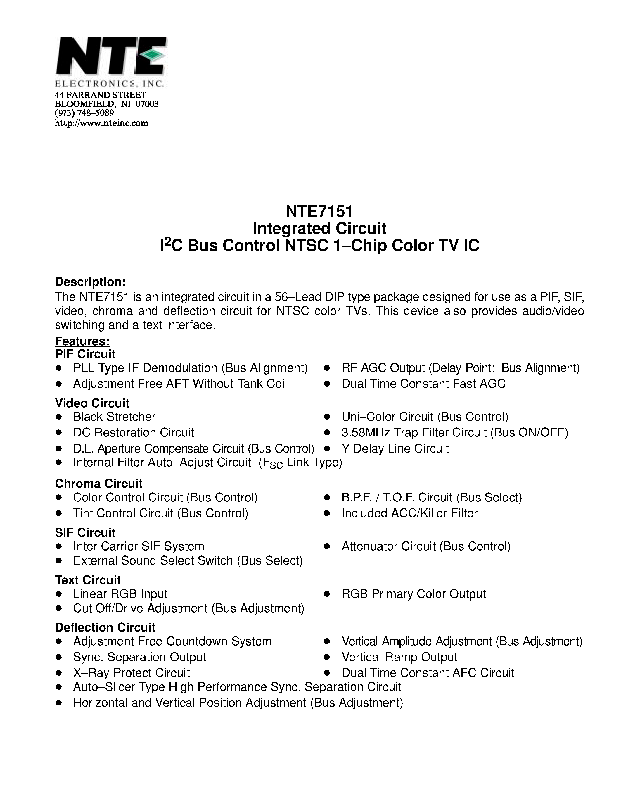 Datasheet NTE7151 - Integrated Circuit I2C Bus Control NTSC 1-Chip Color TV IC page 1