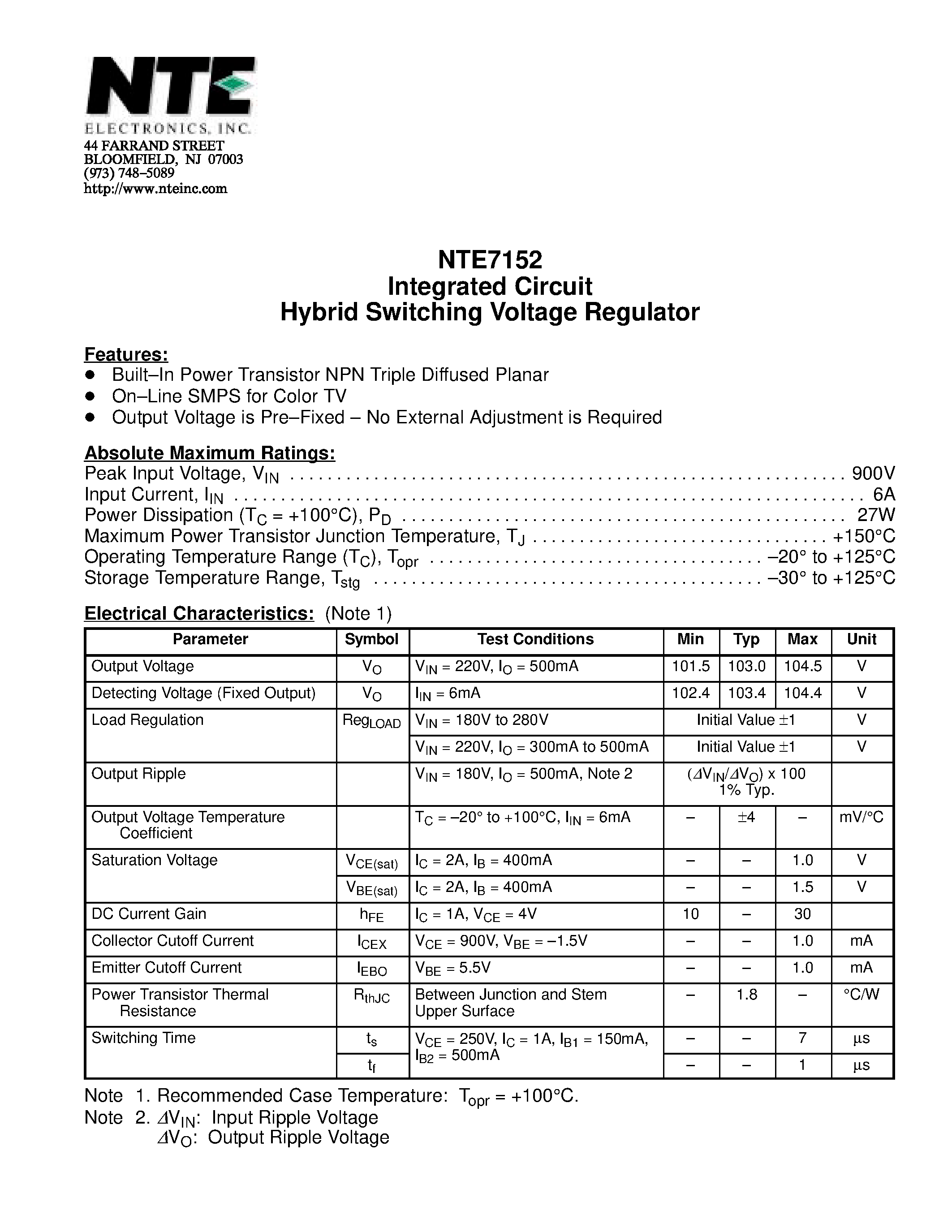 Datasheet NTE7152 page 1 Datasheet NTE7152 - Integrated Circuit Hybrid Switching Voltage Regulator page 1