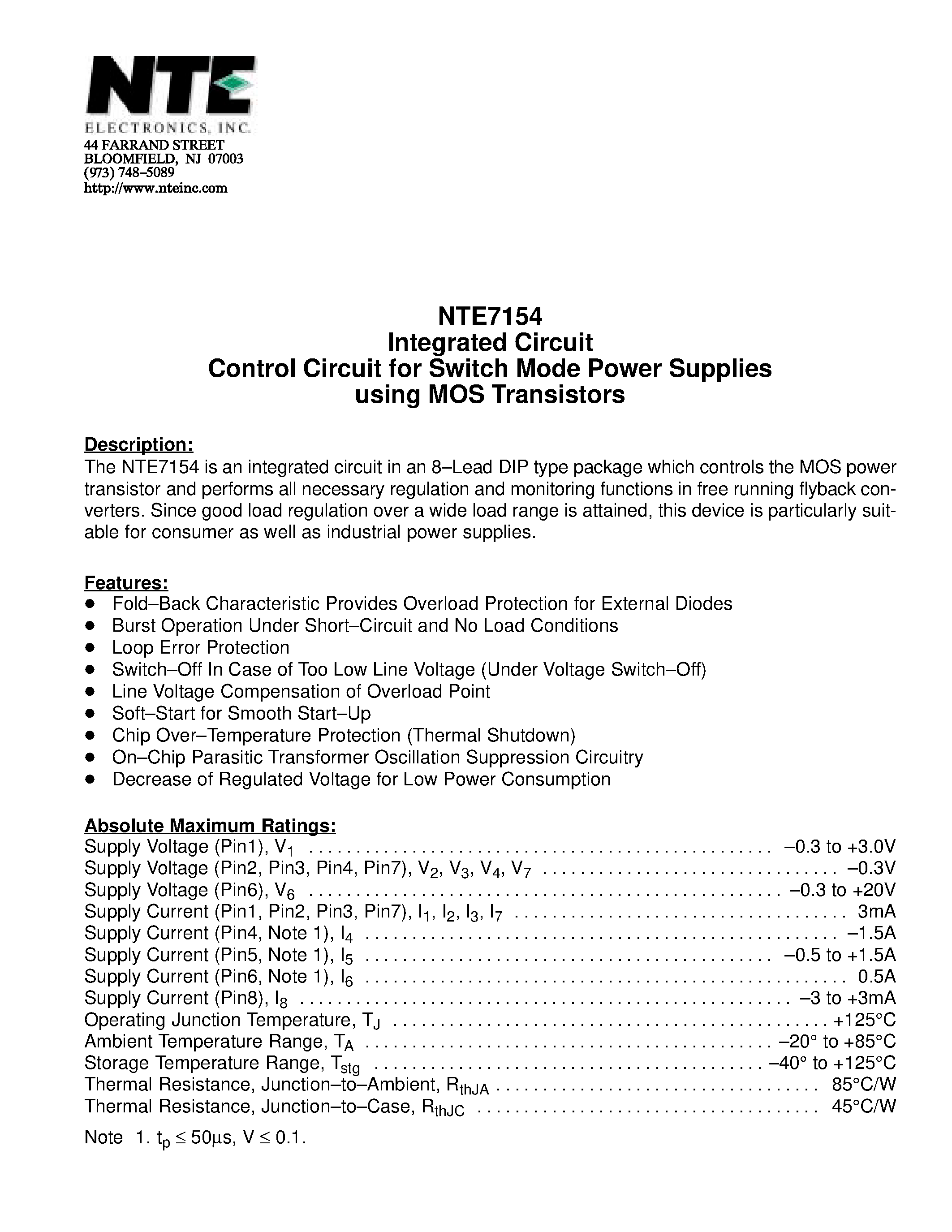 Datasheet NTE7154 - Integrated Circuit Control Circuit for Switch Mode Power Supplies using MOS Transistors page 1