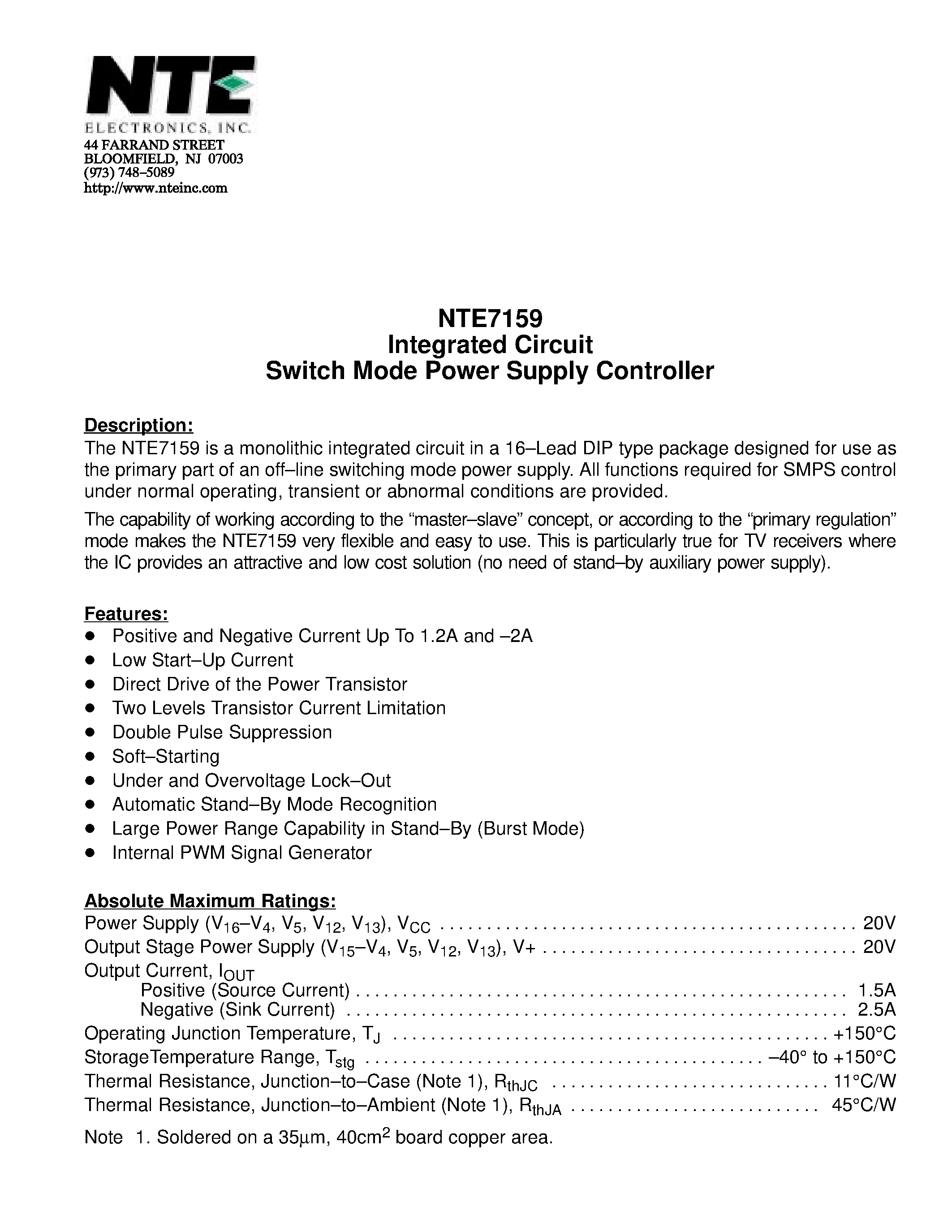 Datasheet NTE7159 page 1 Datasheet NTE7159 - Integrated Circuit Switch Mode Power Supply Controller page 1