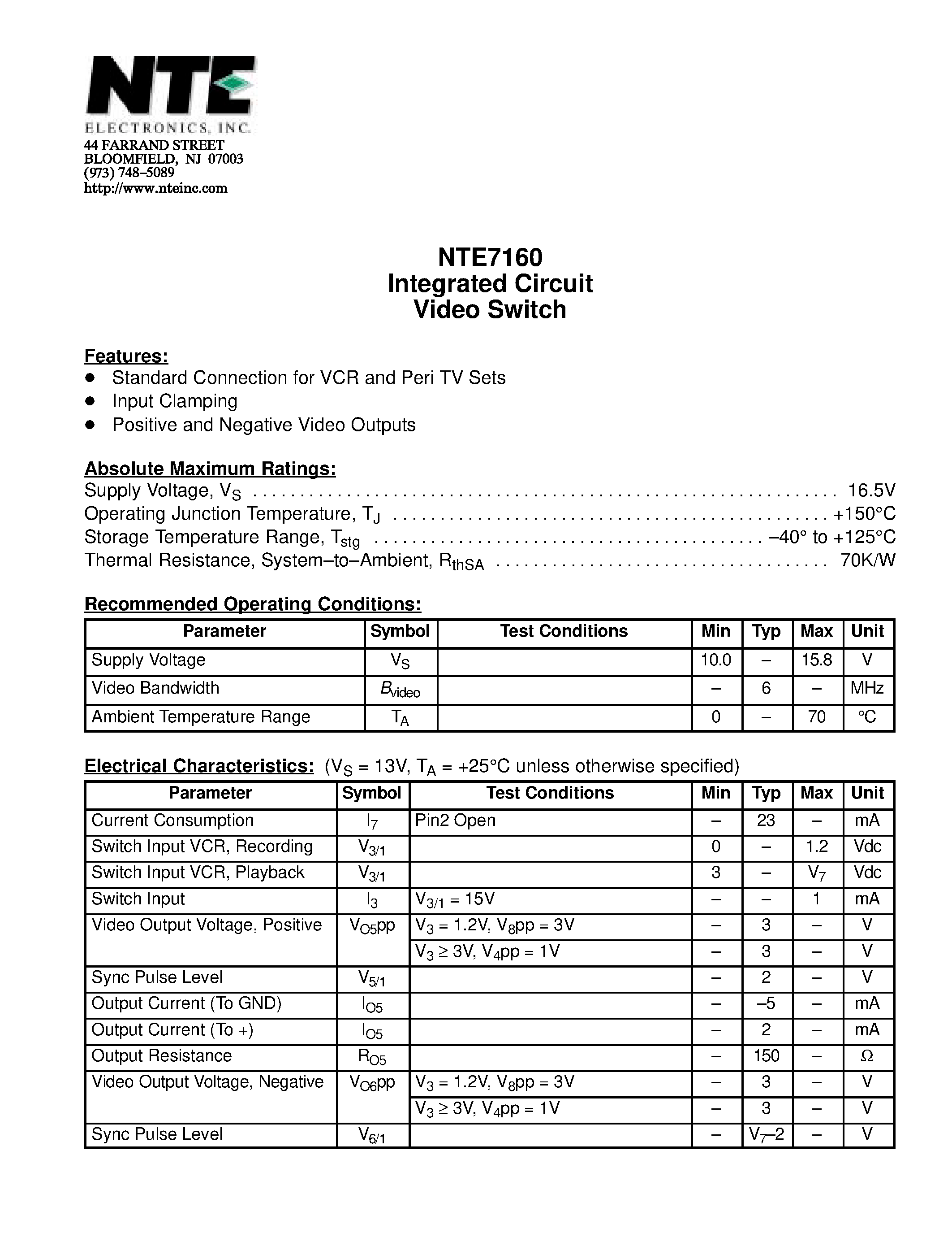 Datasheet NTE7160 - Integrated Circuit Video Switch page 1