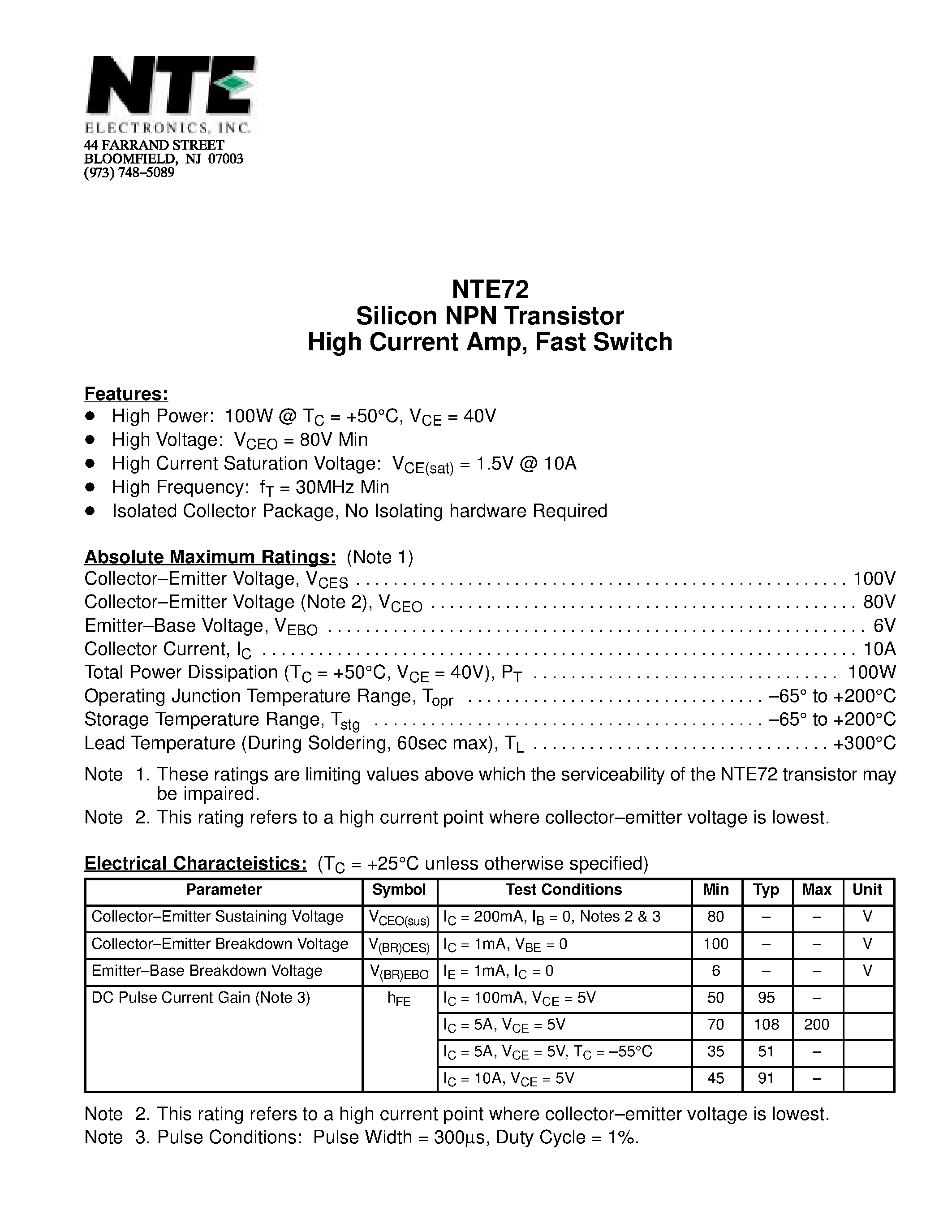 Datasheet NTE72 page 1 Datasheet NTE72 - Silicon NPN Transistor High Current Amp / Fast Switch page 1