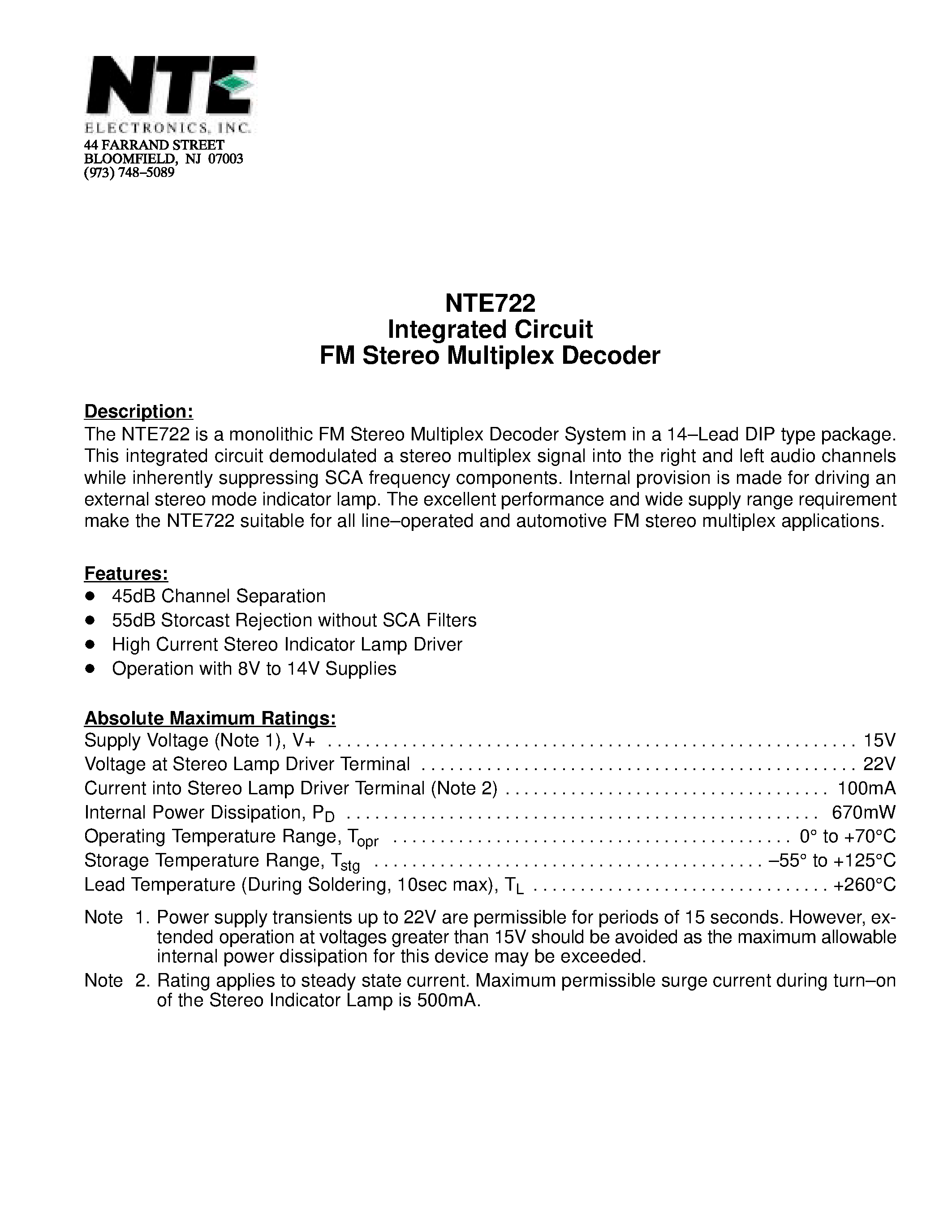 Даташит NTE722 - Integrated Circuit FM Stereo Multiplex Decoder страница 1