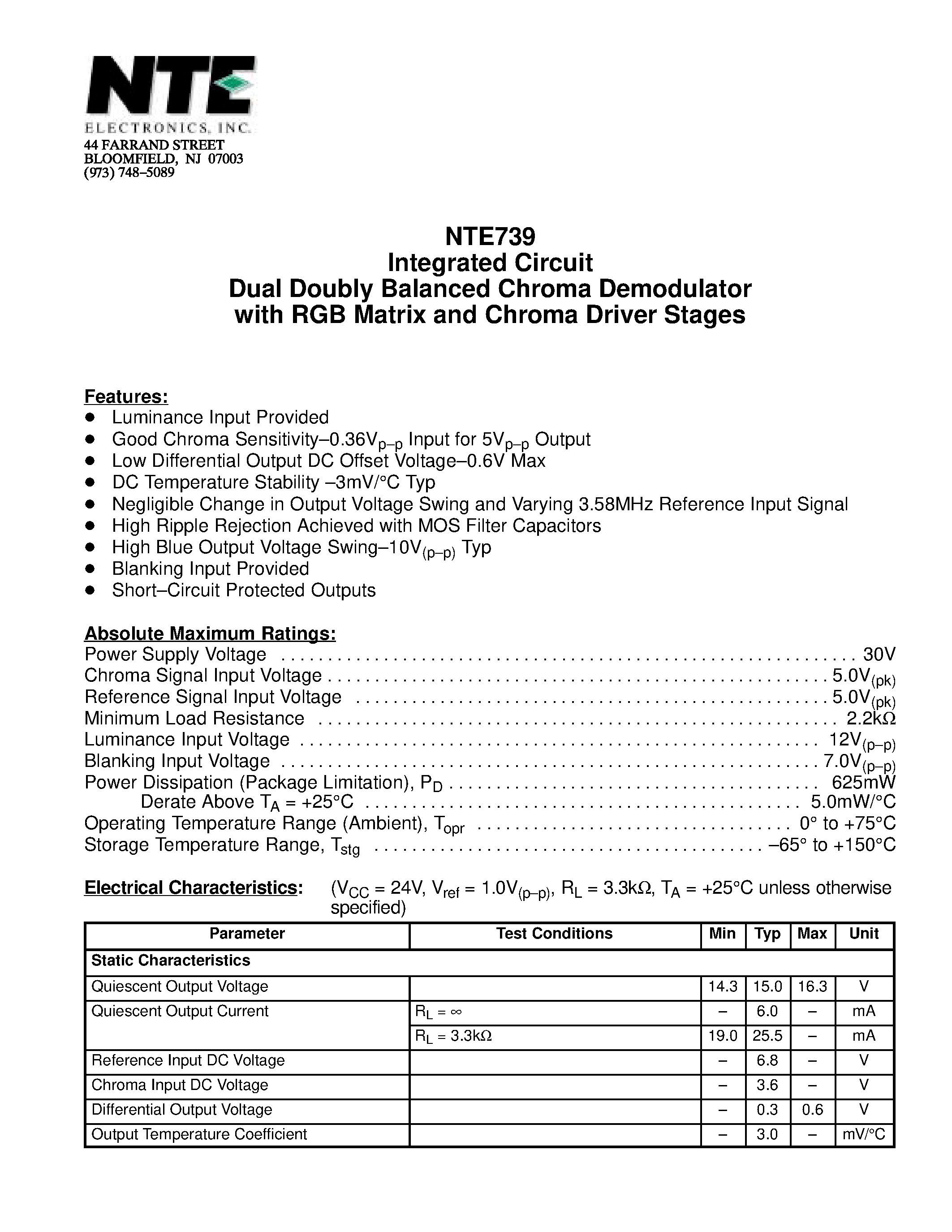 Datasheet NTE739 - Integrated Circuit Dual Doubly Balanced Chroma Demodulator with RGB Matrix and Chroma Driver Stages page 1