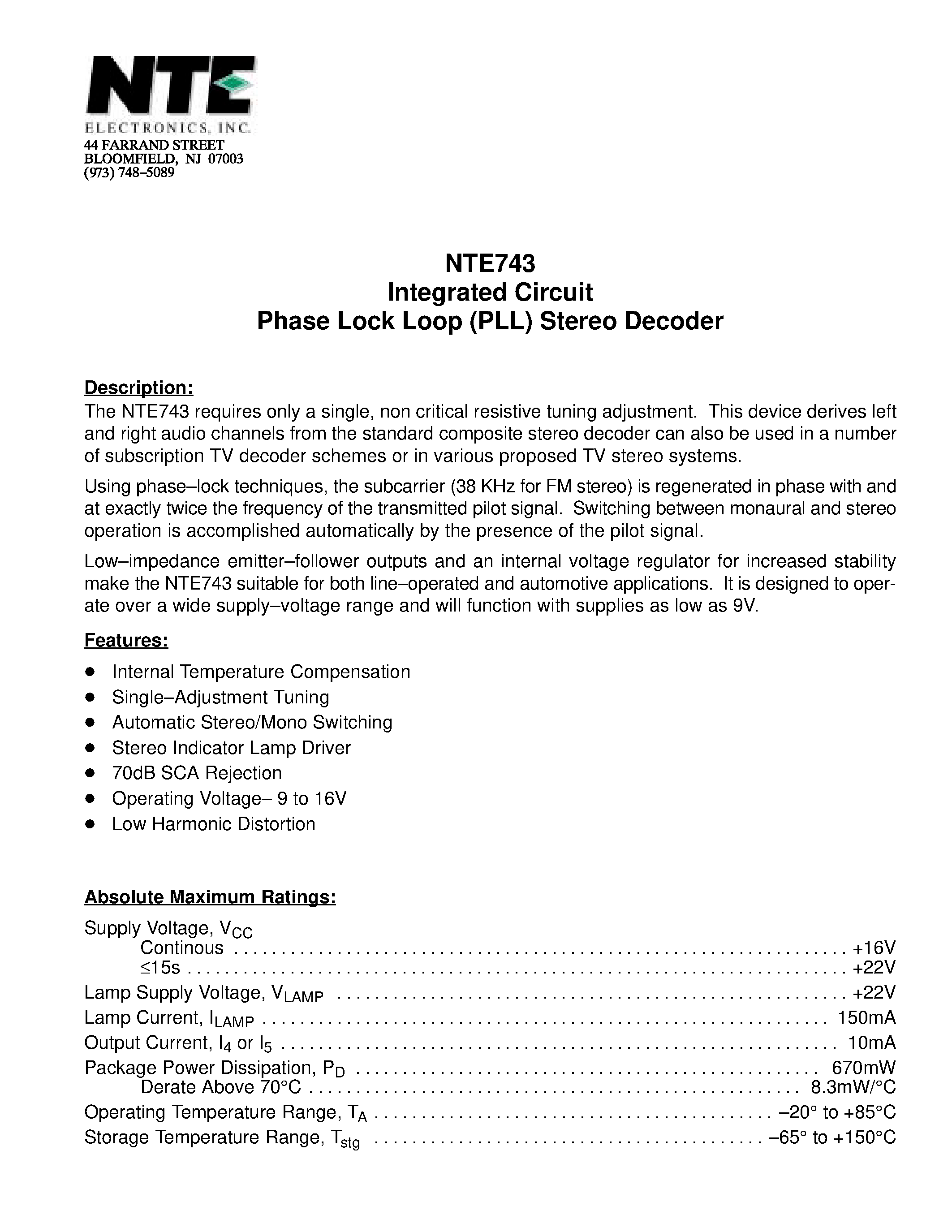 Даташит NTE743 - Integrated Circuit Phase Lock Loop (PLL) Stereo Decoder страница 1