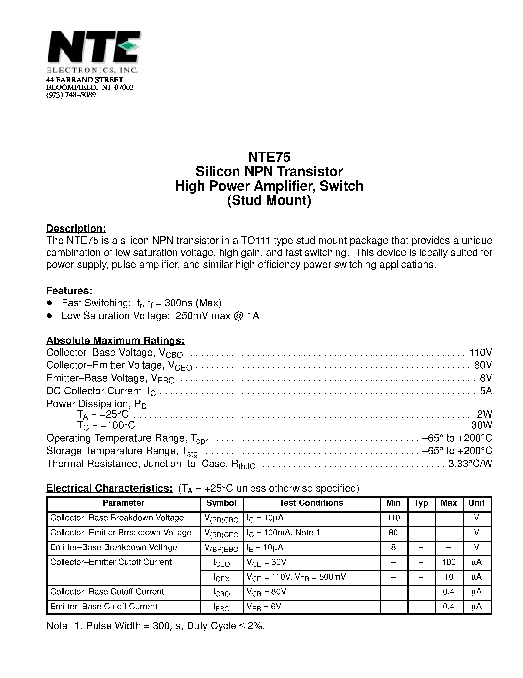 Datasheet NTE75 page 1 Datasheet NTE75 - Silicon NPN Transistor High Power Amplifier / Switch (Stud Mount) page 1
