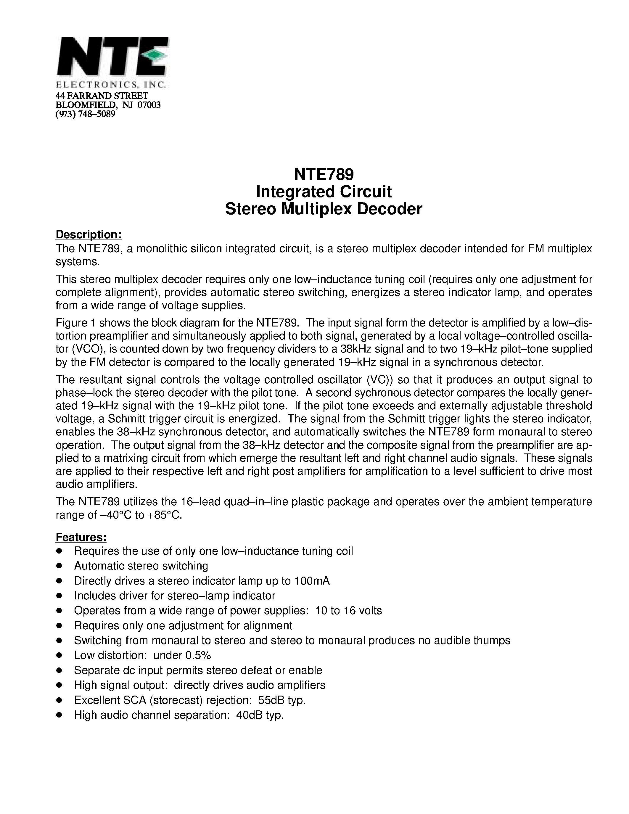 Даташит NTE789 - Integrated Circuit Stereo Multiplex Decoder страница 1