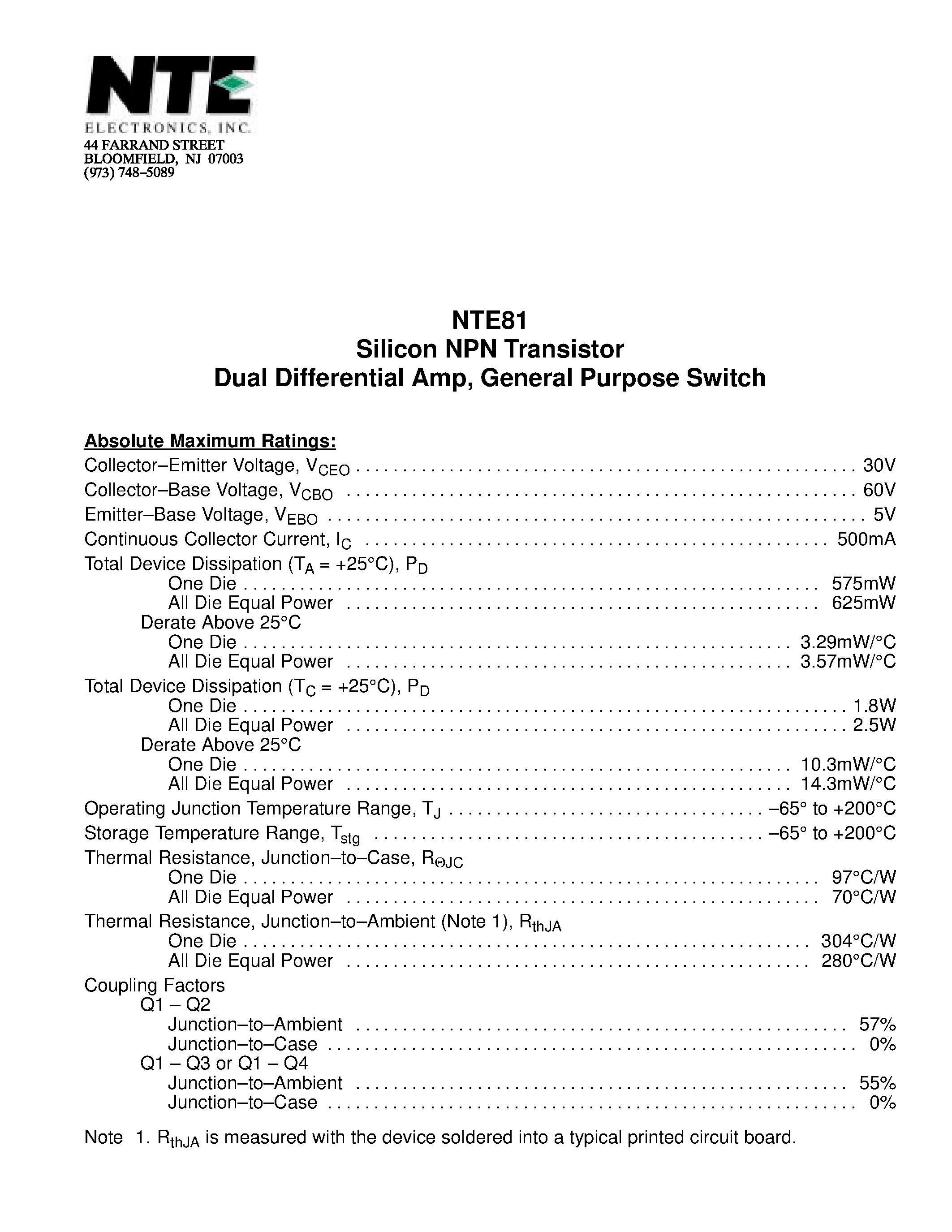 Datasheet NTE81 - Silicon NPN Transistor Dual Differential Amp / General Purpose Switch page 1