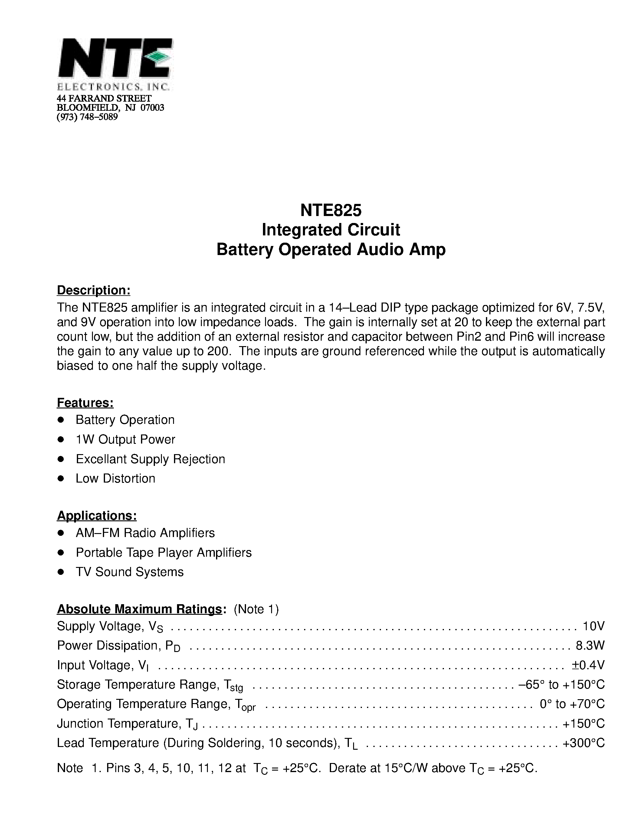 Datasheet NTE825 - Integrated Circuit Battery Operated Audio Amp page 1
