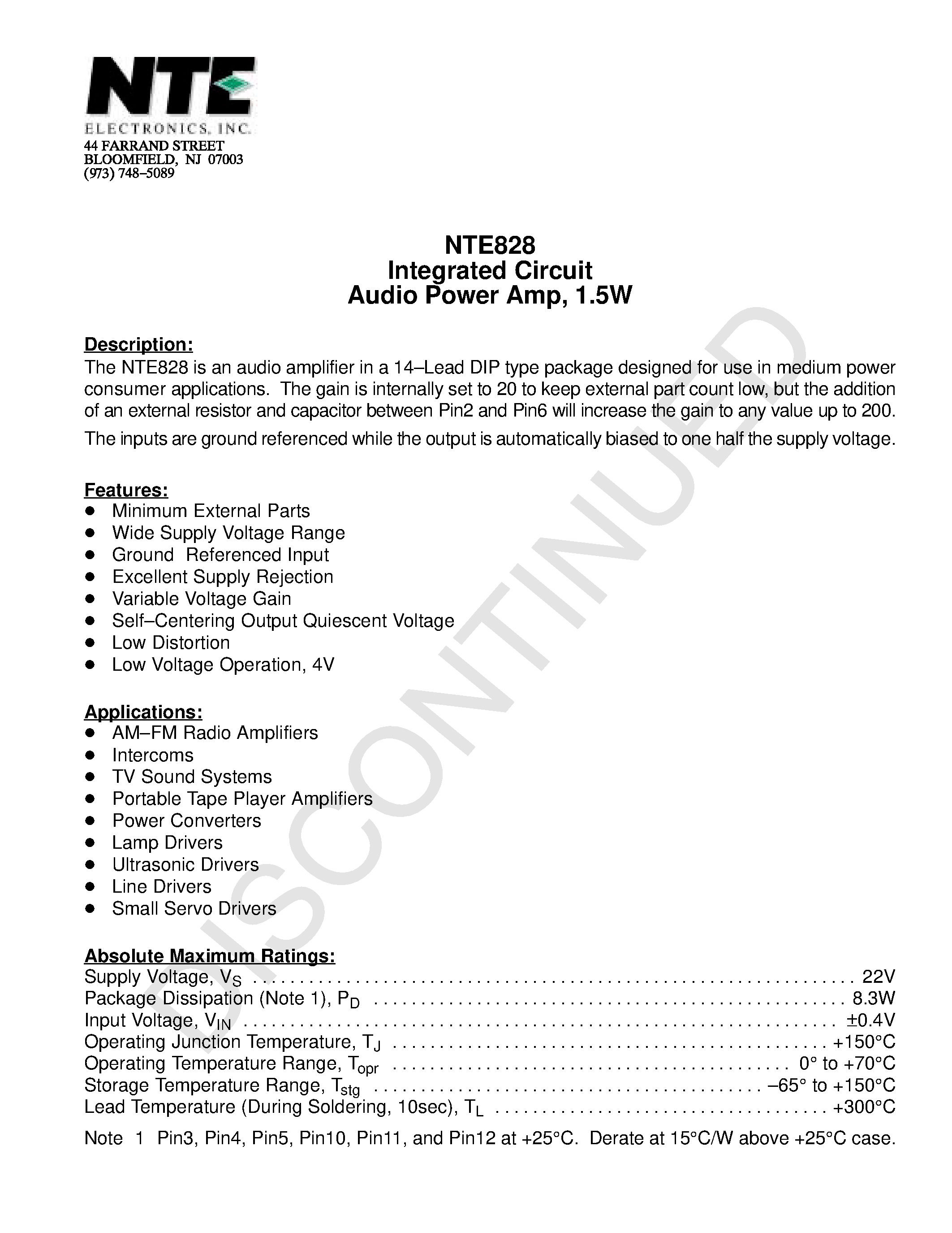 Datasheet NTE828 - Integrated Circuit Audio Power Amp / 1.5W page 1
