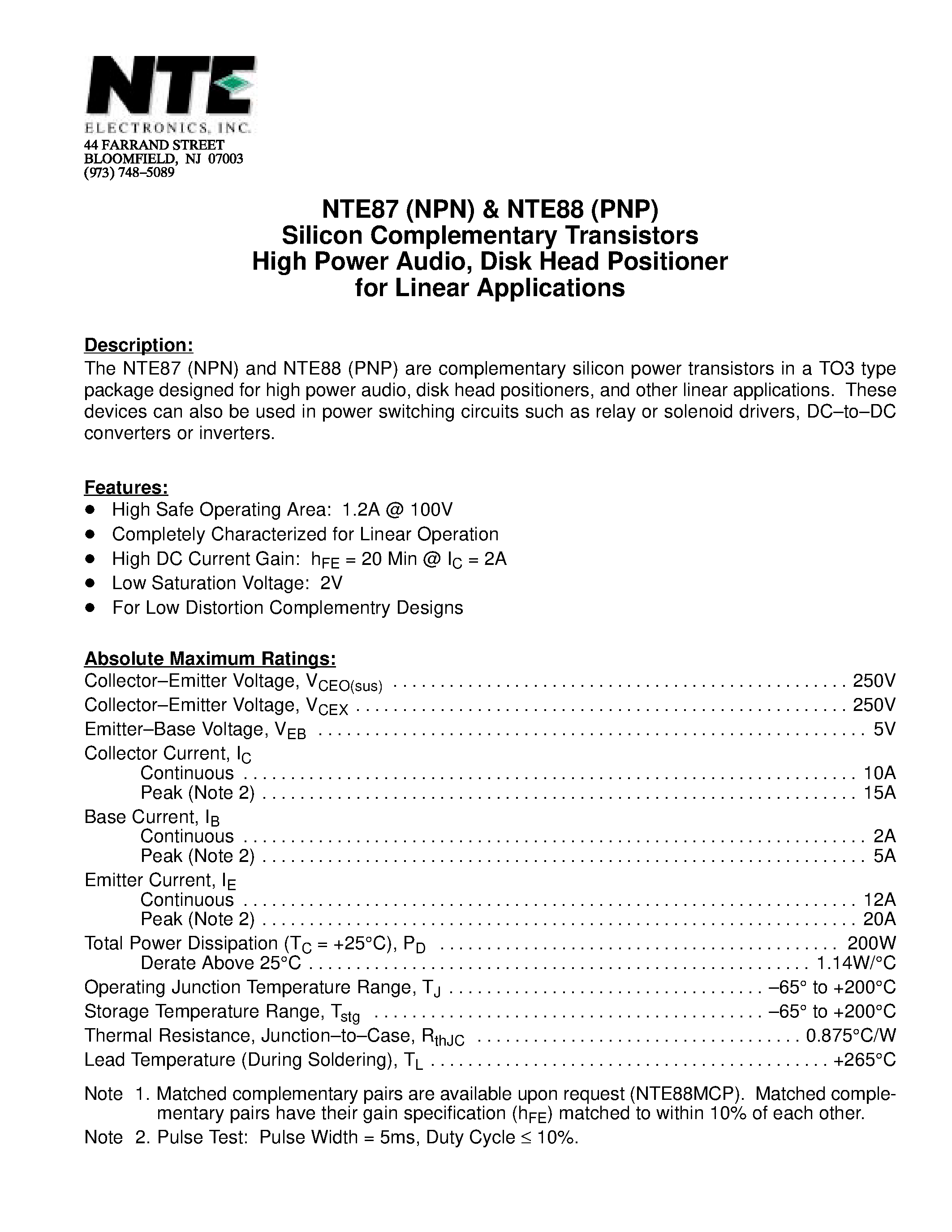 Datasheet NTE87 - Silicon Complementary Transistors High Power Audio / Disk Head Positioner for Linear Applications page 1