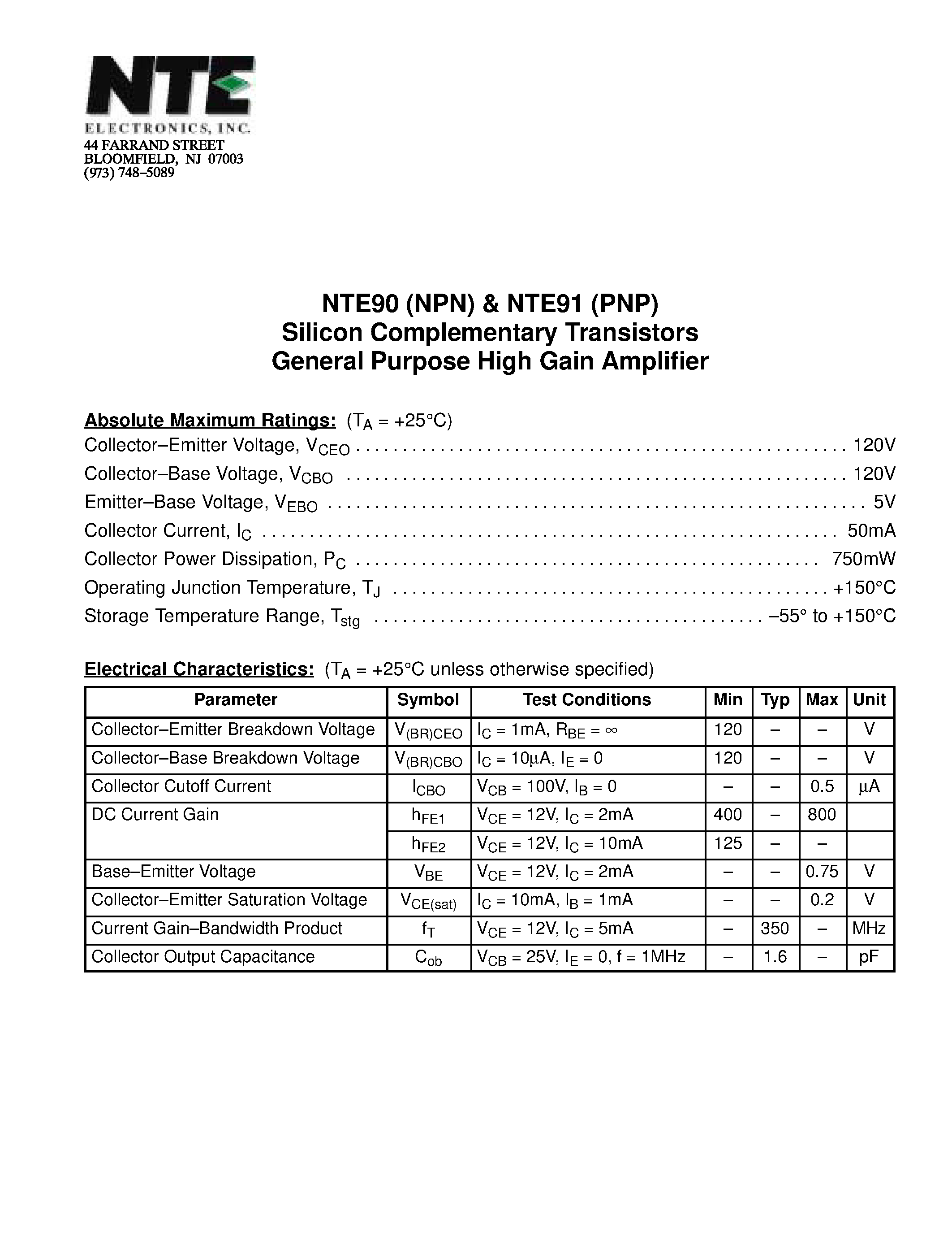 Datasheet NTE90 - Silicon Complementary Transistors General Purpose High Gain Amplifier page 1
