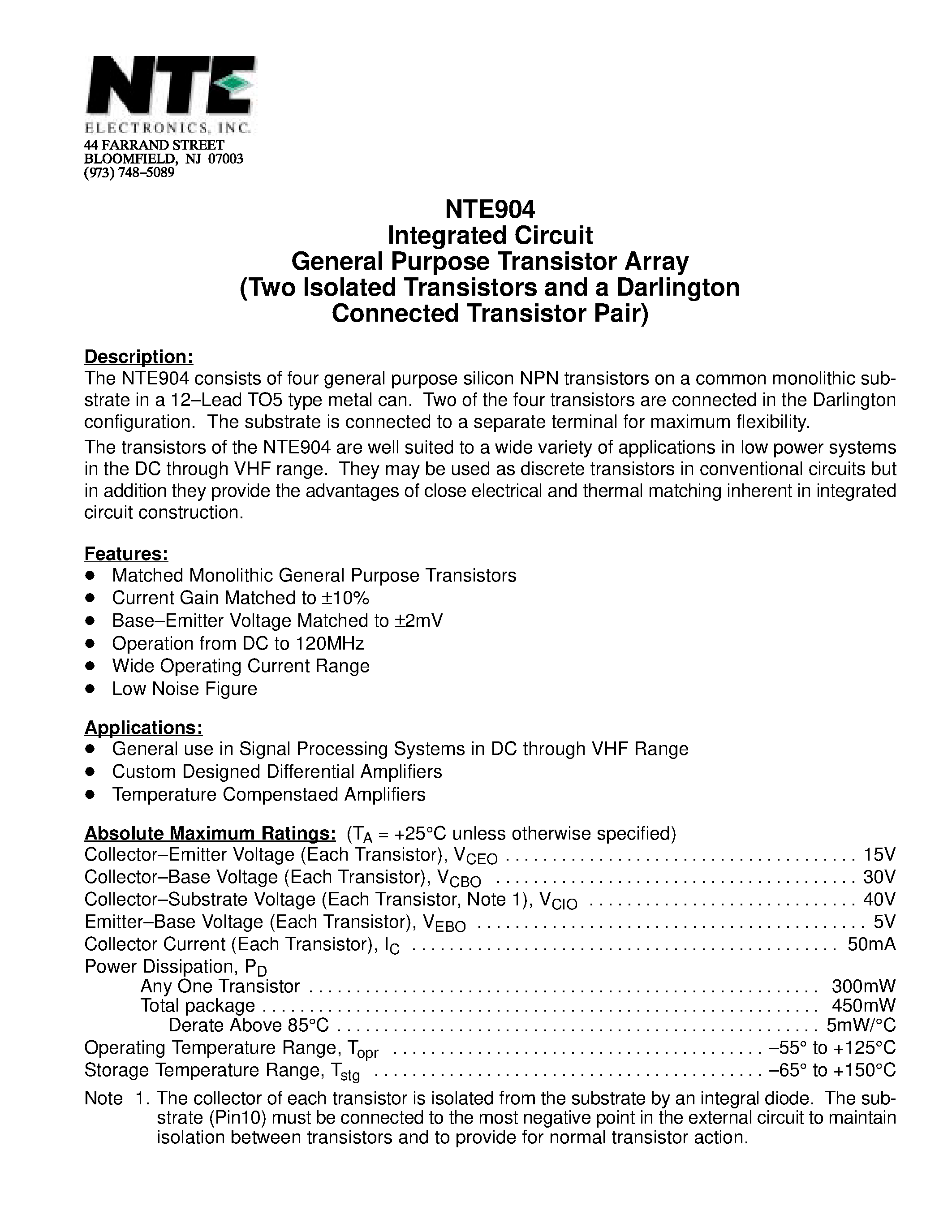 Даташит NTE904 - Integrated Circuit General Purpose Transistor Array (Two Isolated Transistors and a Darlington Connected Transistor Pair) страница 1