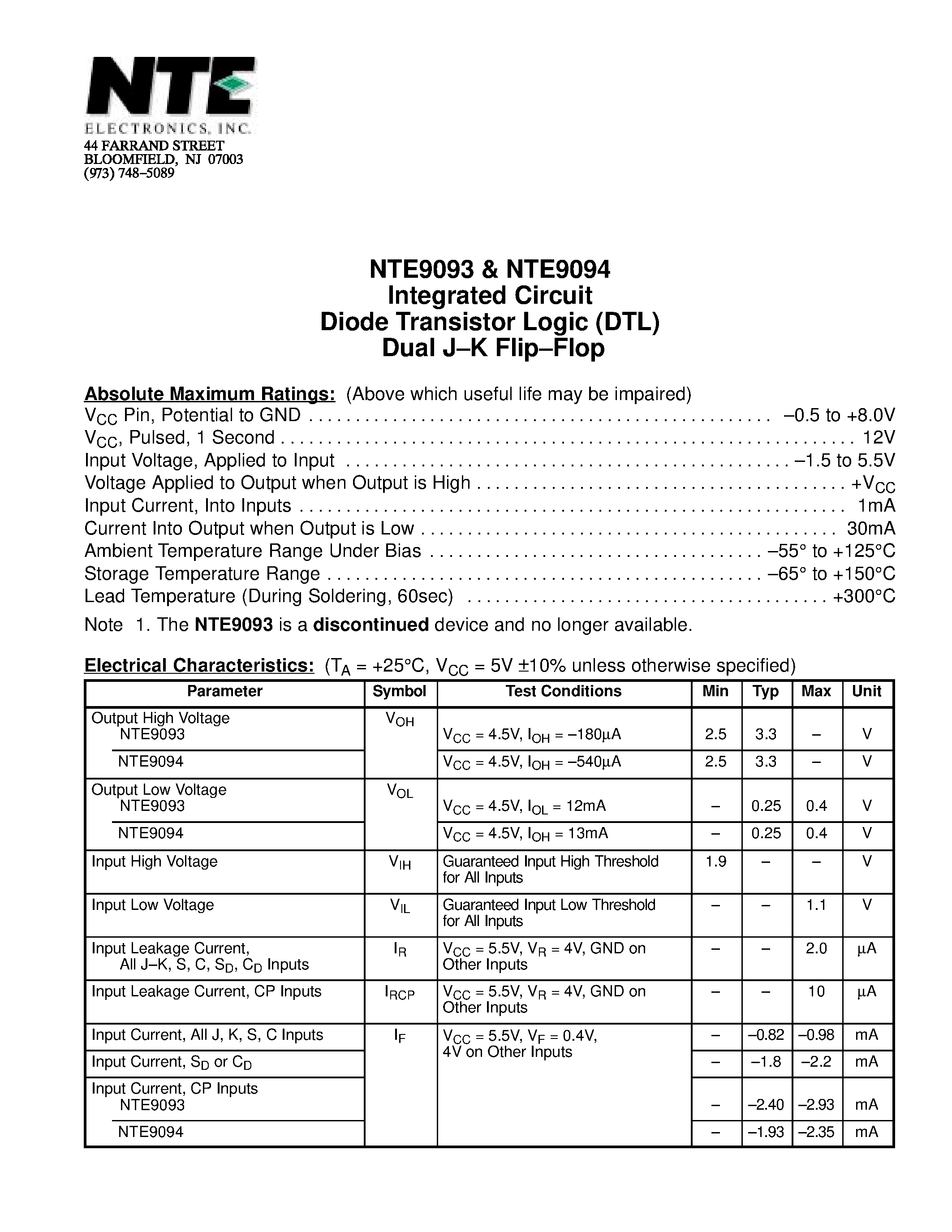 Datasheet NTE9094 - Integrated Circuit Diode Transistor Logic (DTL) Dual J-K Flip-Flop page 1