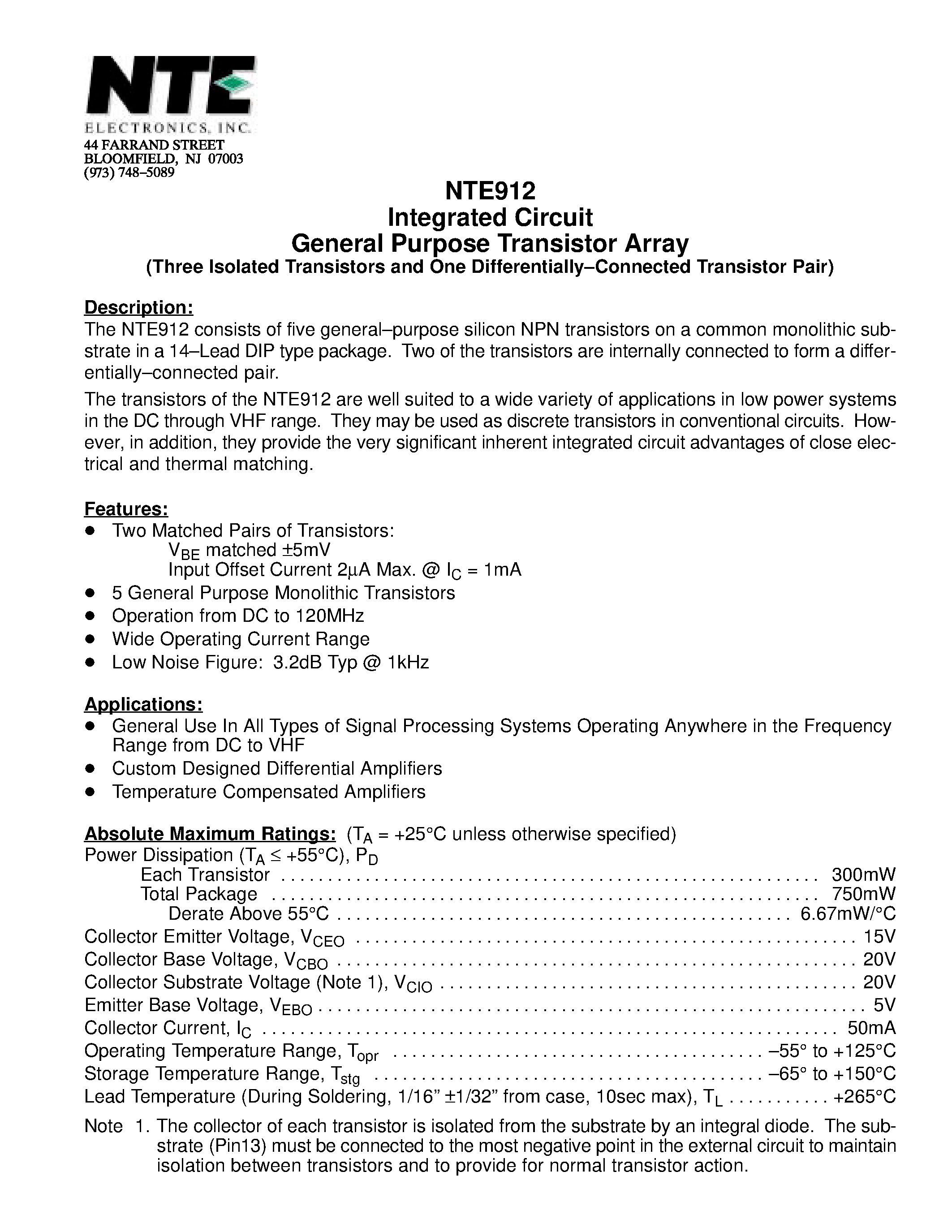 Datasheet NTE912 page 1 Datasheet NTE912 - Integrated Circuit General Purpose Transistor Array (Three Isolated Transistors and One Differentially-Connected Transistor Pair) page 1
