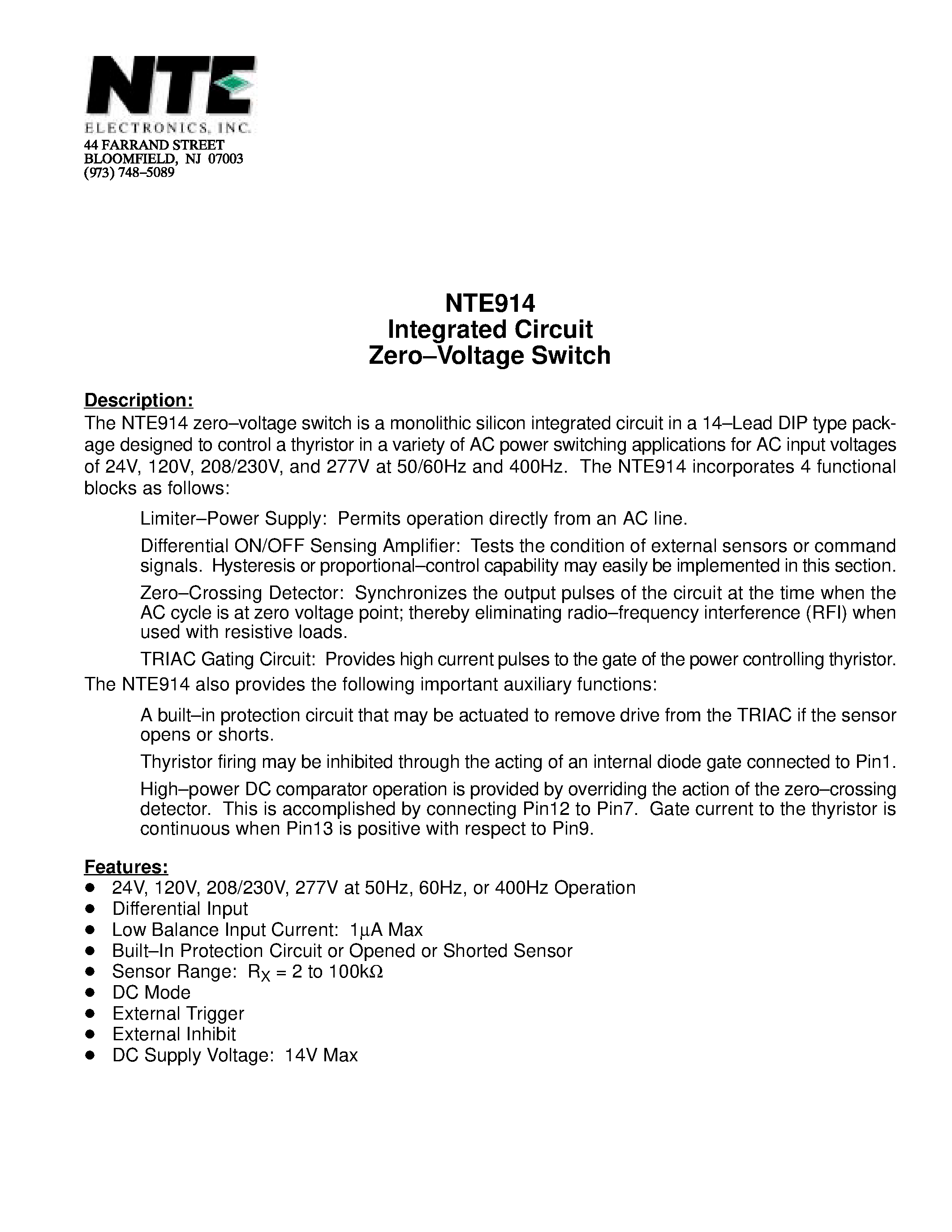 Datasheet NTE914 - Integrated Circuit Zero-Voltage Switch page 1