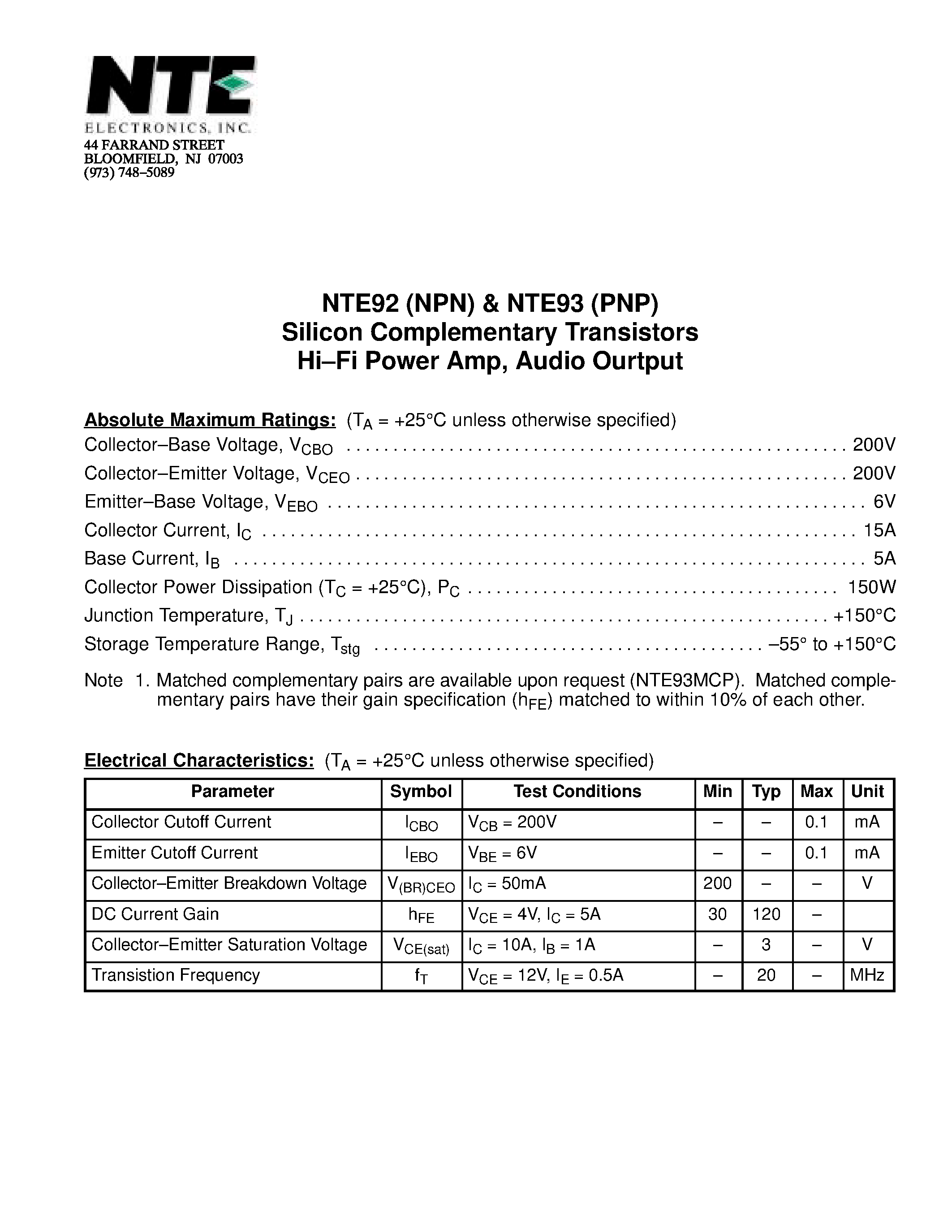 Datasheet NTE92(NPN) - Silicon Complementary Transistors Hi-Fi Power Amp / Audio Ourtput page 1