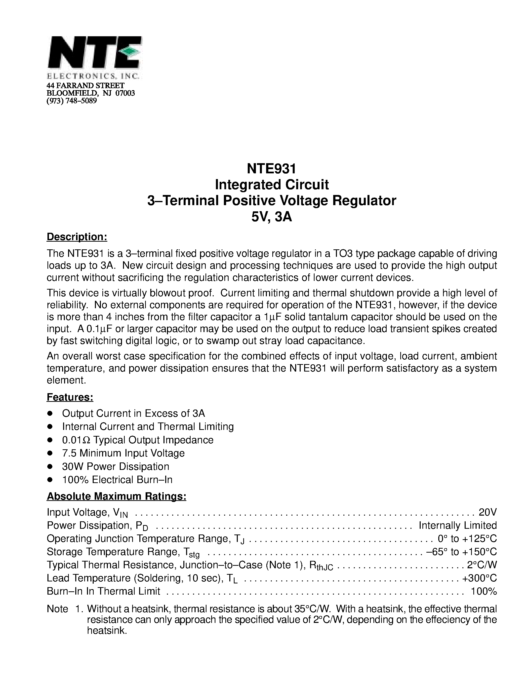 Datasheet NTE931 page 1 Datasheet NTE931 - Integrated Circuit 3-Terminal Positive Voltage Regulator 5V / 3A page 1