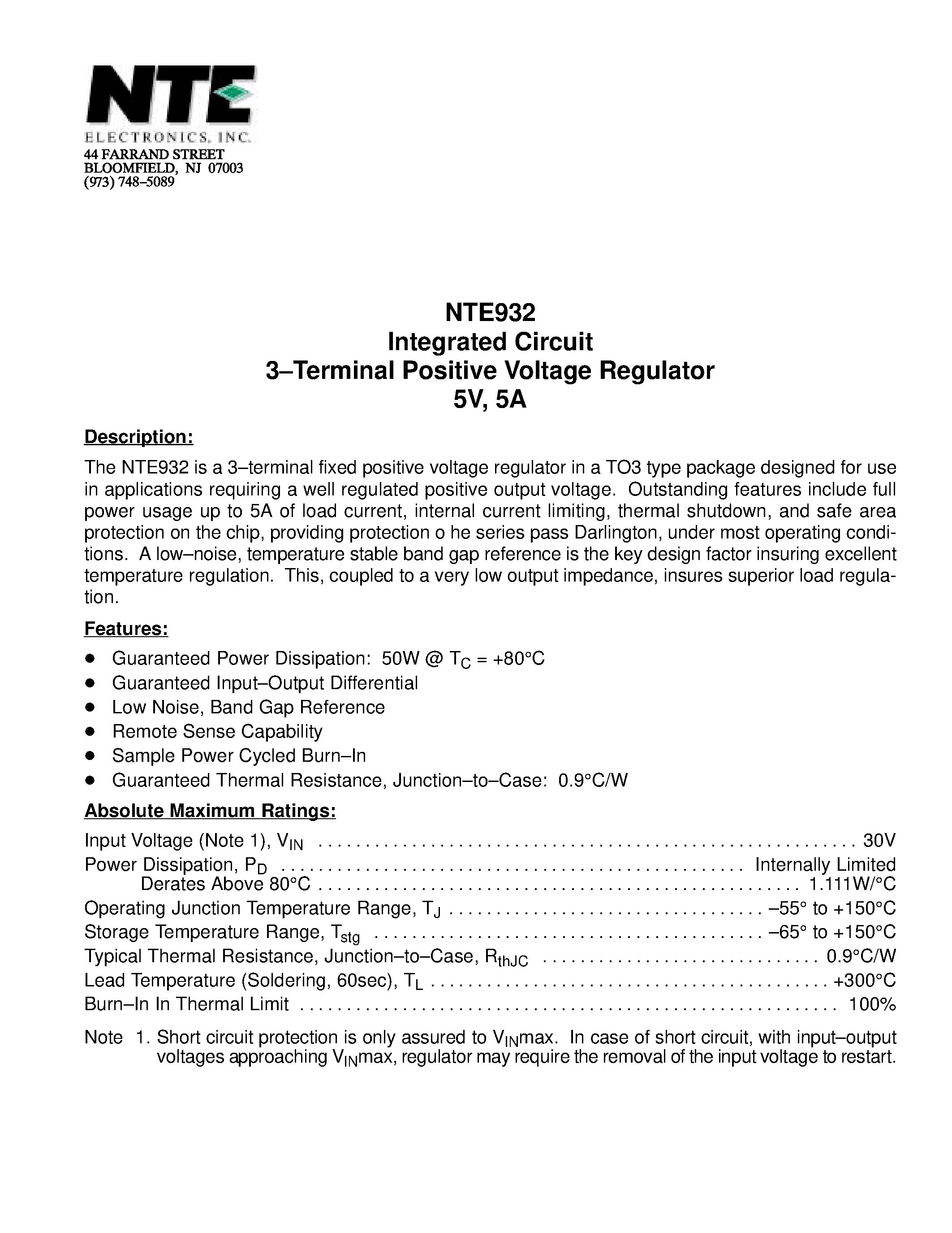 Datasheet NTE932 page 1 Datasheet NTE932 - Integrated Circuit 3-Terminal Positive Voltage Regulator 5V / 5A page 1