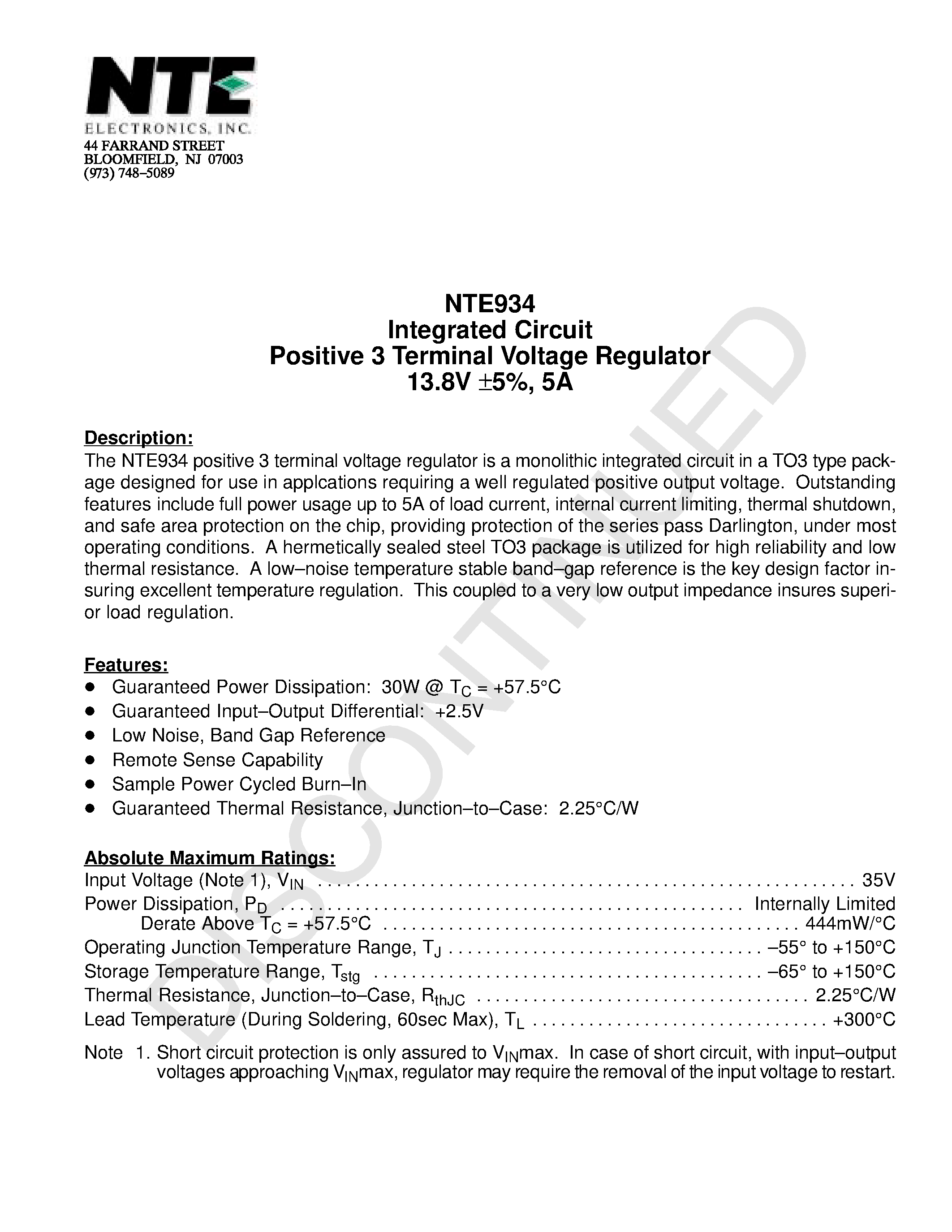 Datasheet NTE934 page 1 Datasheet NTE934 - Integrated Circuit Positive 3 Terminal Voltage Regulator 13.8V 5% / 5A page 1
