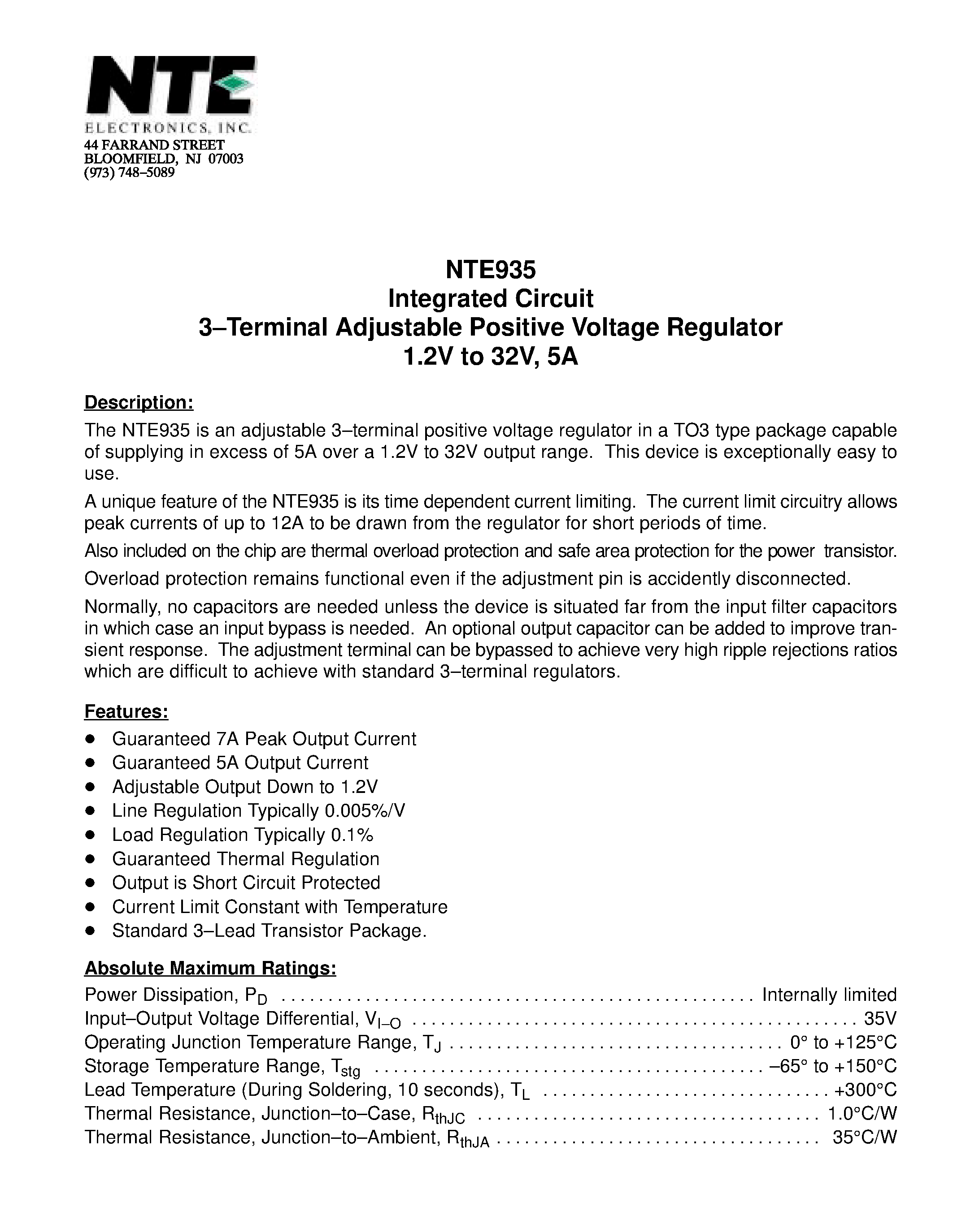Datasheet NTE935 page 1 Datasheet NTE935 - Integrated Circuit 3-Terminal Adjustable Positive Voltage Regulator 1.2V to 32V / 5A page 1