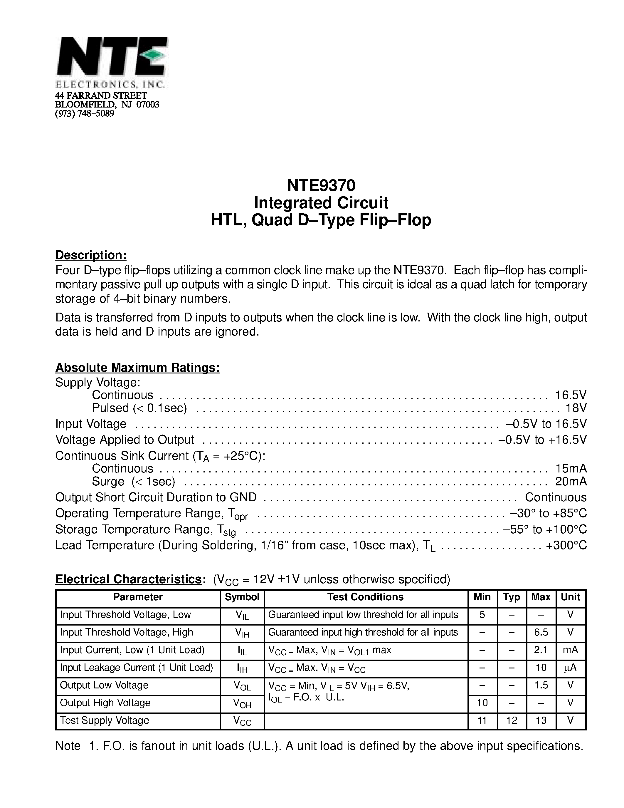 Даташит NTE9370 - Integrated Circuit HTL / Quad D-Type Flip-Flop страница 1