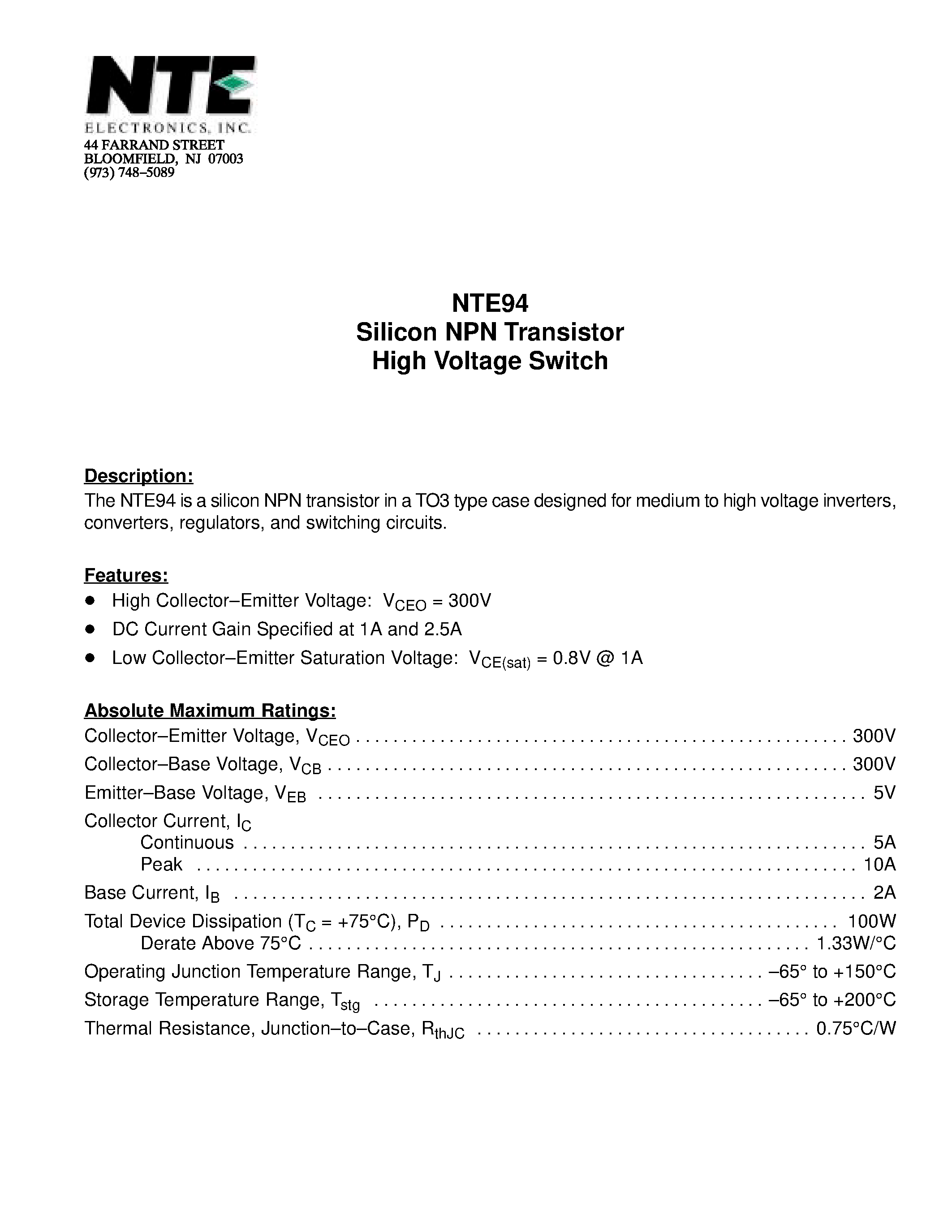 Datasheet NTE94 page 1 Datasheet NTE94 - Silicon NPN Transistor High Voltage Switch page 1